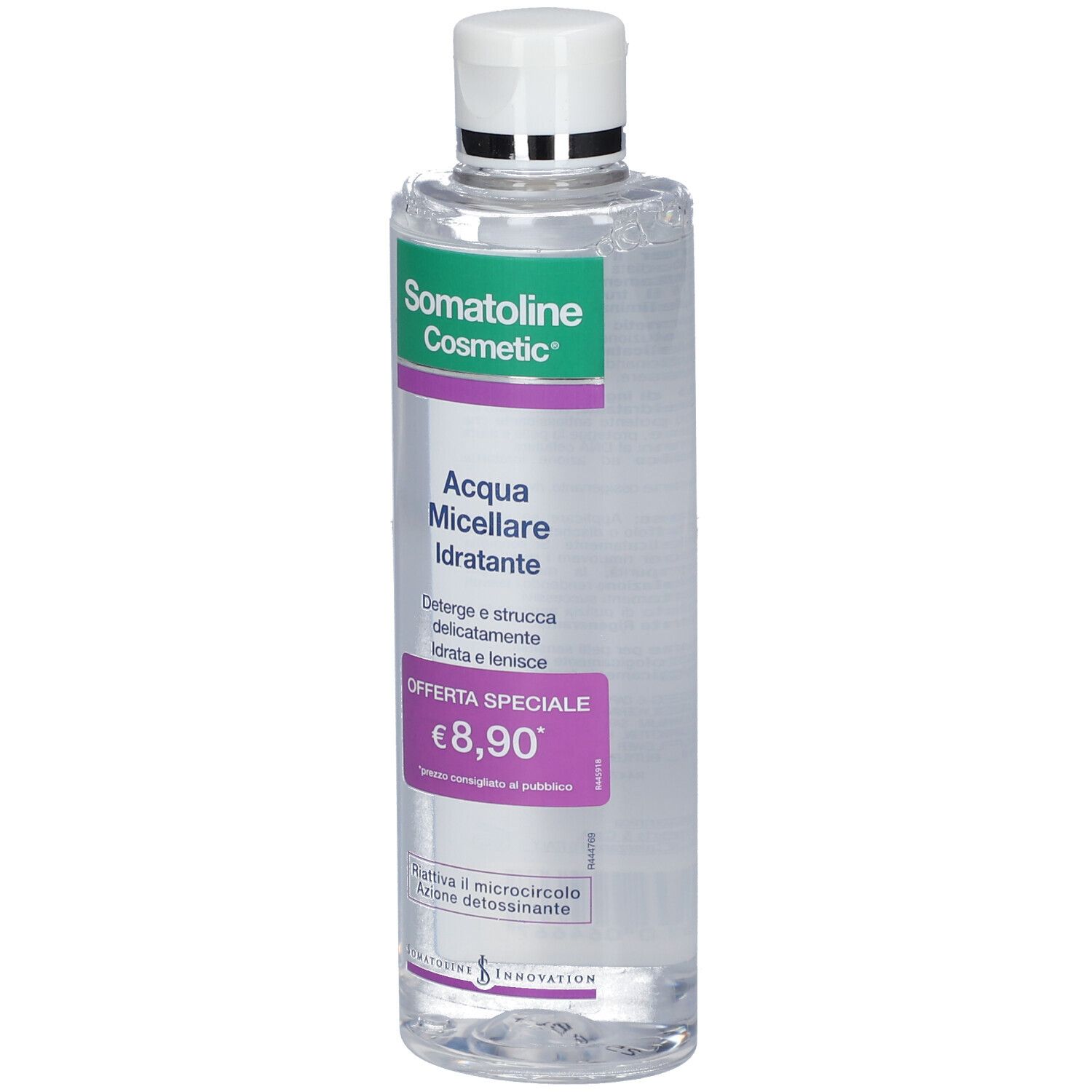 Flacon transparent avec bouchon blanc. Étiquette "Somatoline Cosmetic", "Acqua Micellare Idratante" et prix.