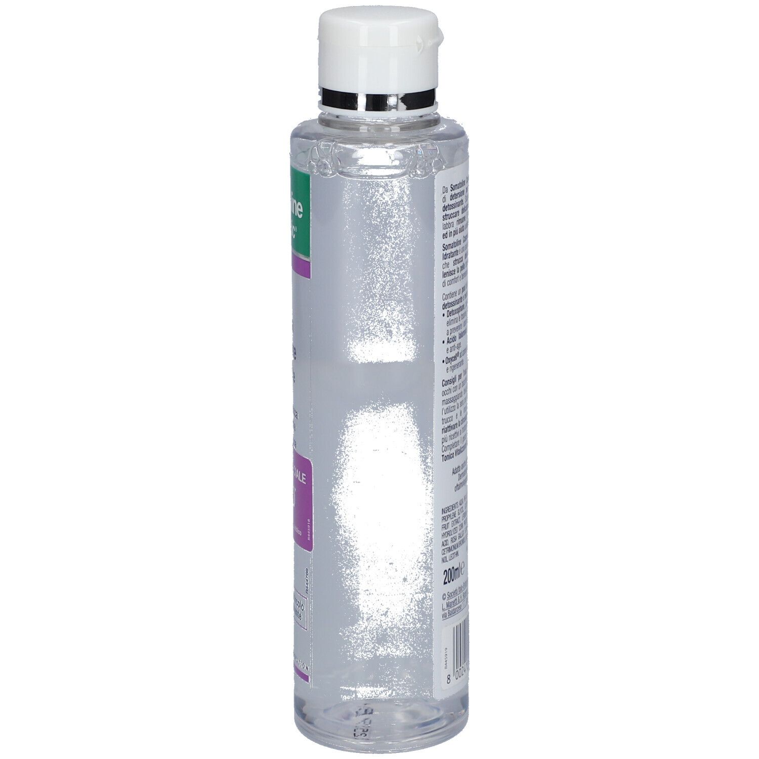 Flacon, vue latérale. Bouchon blanc, étiquette "Somatoline Cosmetic", "Acqua Micellare Idratante", 200ml.