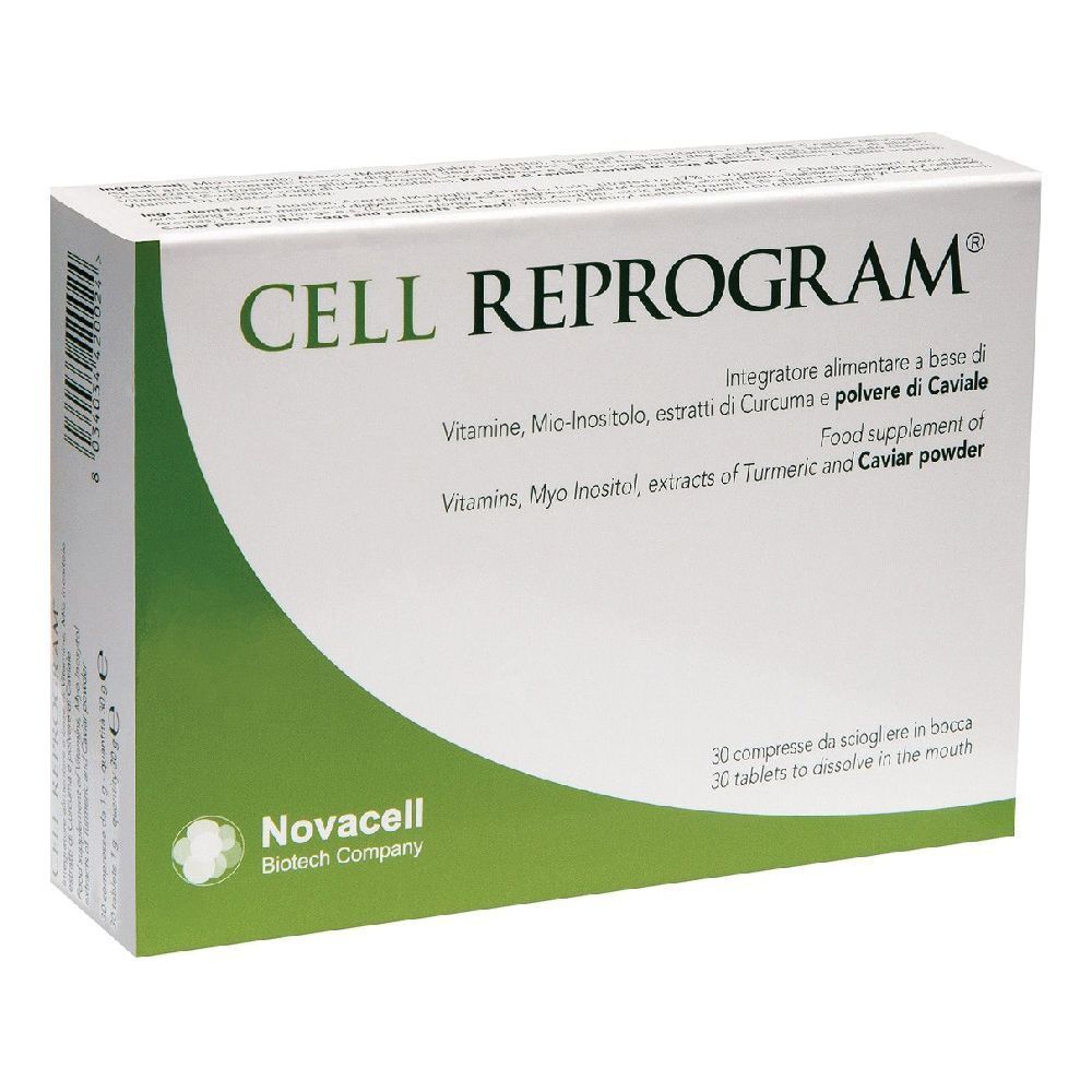 Verpackung von CELL REPROGRAM®. Enthält Tabletten. Text: Vitamine, Myo-Inositol, Kurkuma- und Kaviar-Extrakt.