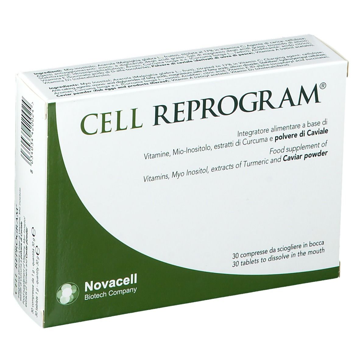 Verpackung von CELL REPROGRAM®. Enthält Tabletten. Text: Vitamine, Myo-Inositol, Kurkuma- und Kaviar-Extrakt.