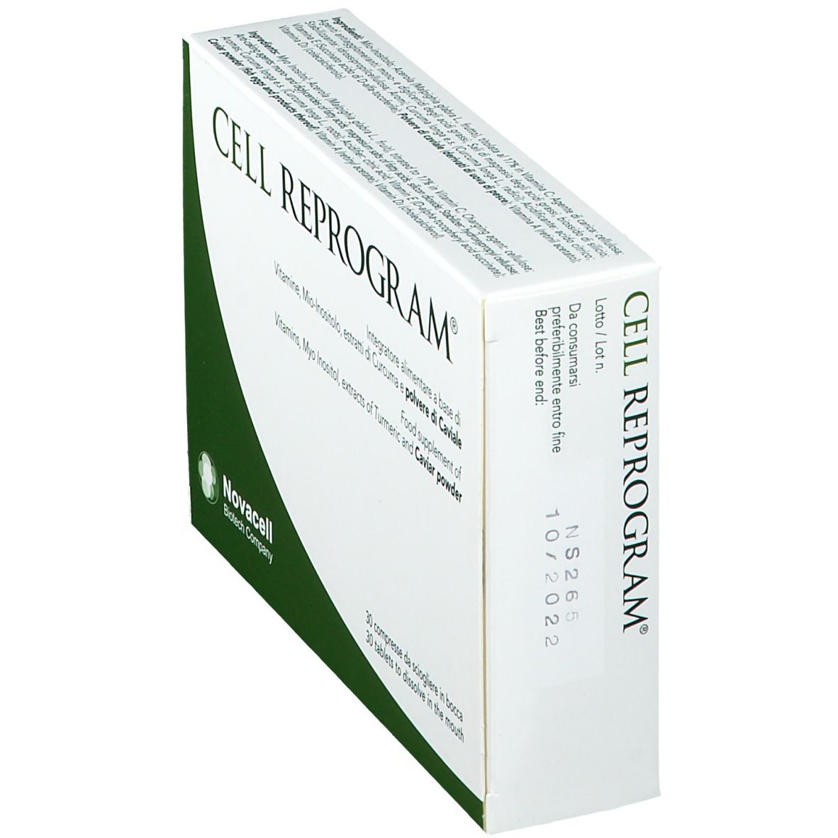 CELL REPROGRAM®-Verpackung. Enthält Tabletten. Text: Vitamine, Myo-Inositol, Kurkuma- und Kaviar-Extrakt. Haltbarkeitsdatum.