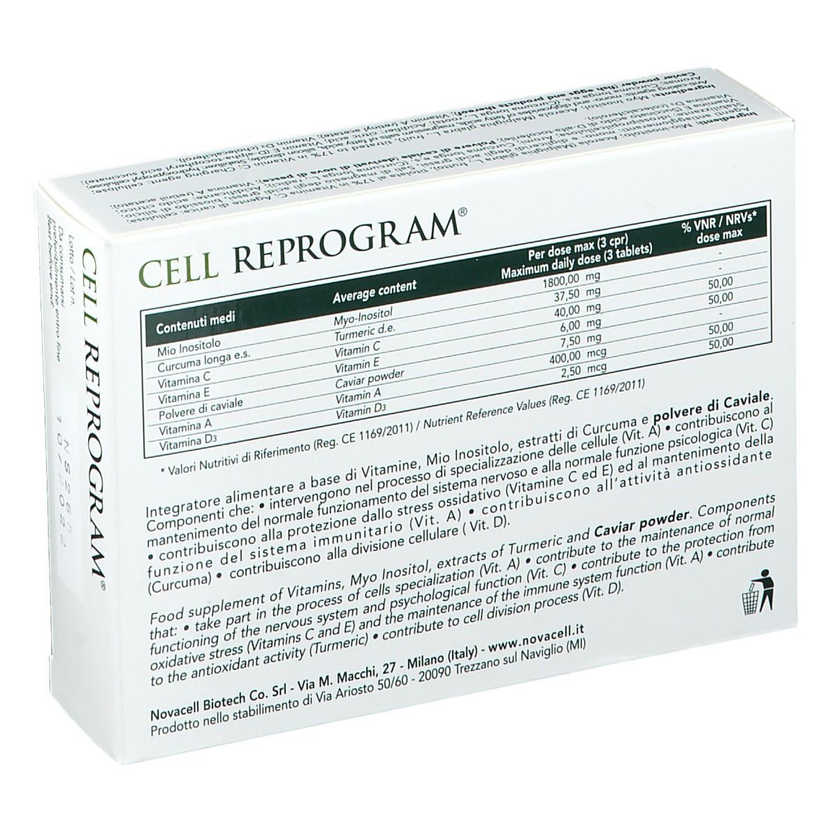 CELL REPROGRAM®-Verpackung. Enthält Tabletten. Text: Vitamine, Myo-Inositol, Kurkuma- und Kaviar-Extrakt. Nährwertangaben.