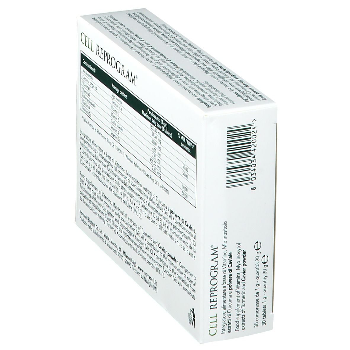 CELL REPROGRAM®-Verpackung. Enthält Tabletten. Text: Vitamine, Myo-Inositol, Kurkuma- und Kaviar-Extrakt. Nährwertangaben.