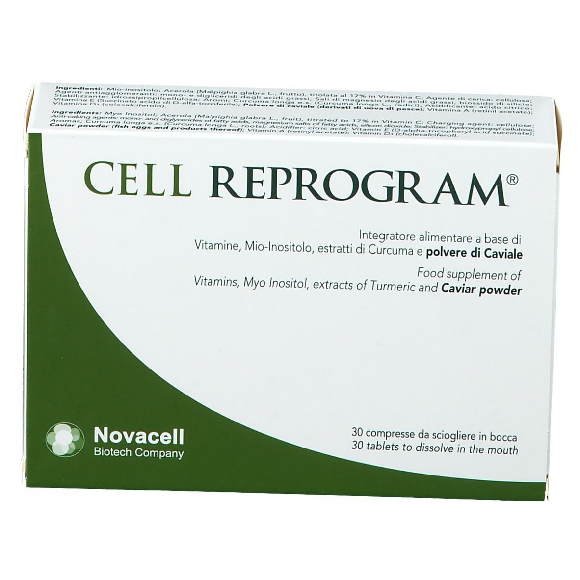 Verpackung von CELL REPROGRAM®. Enthält Tabletten. Text: Vitamine, Myo-Inositol, Kurkuma- und Kaviar-Extrakt.