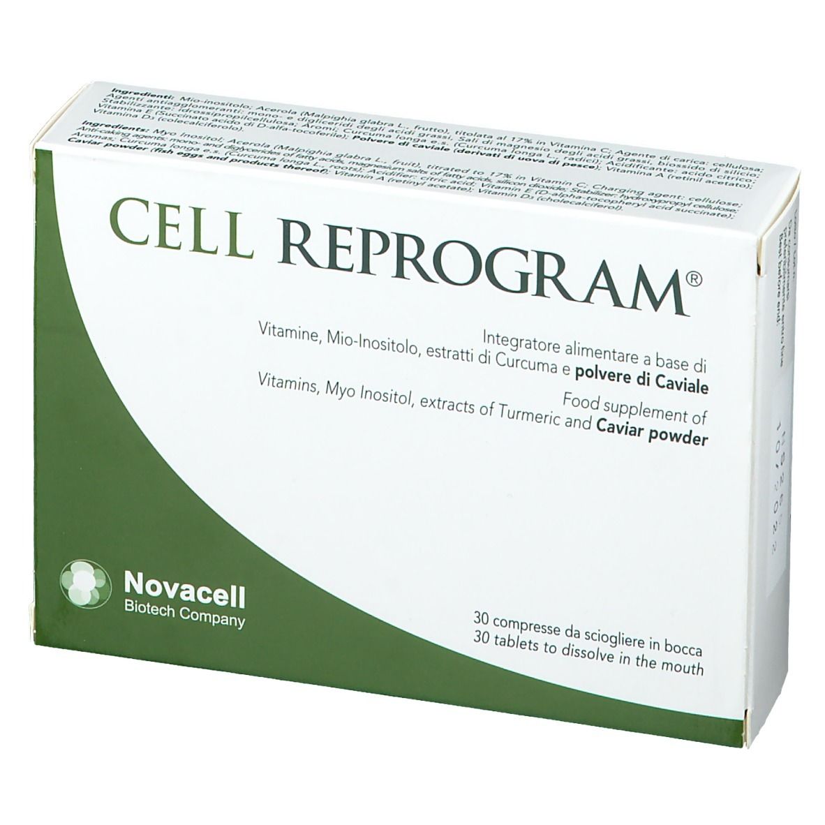 Verpackung von CELL REPROGRAM®. Enthält Tabletten. Text: Vitamine, Myo-Inositol, Kurkuma- und Kaviar-Extrakt.