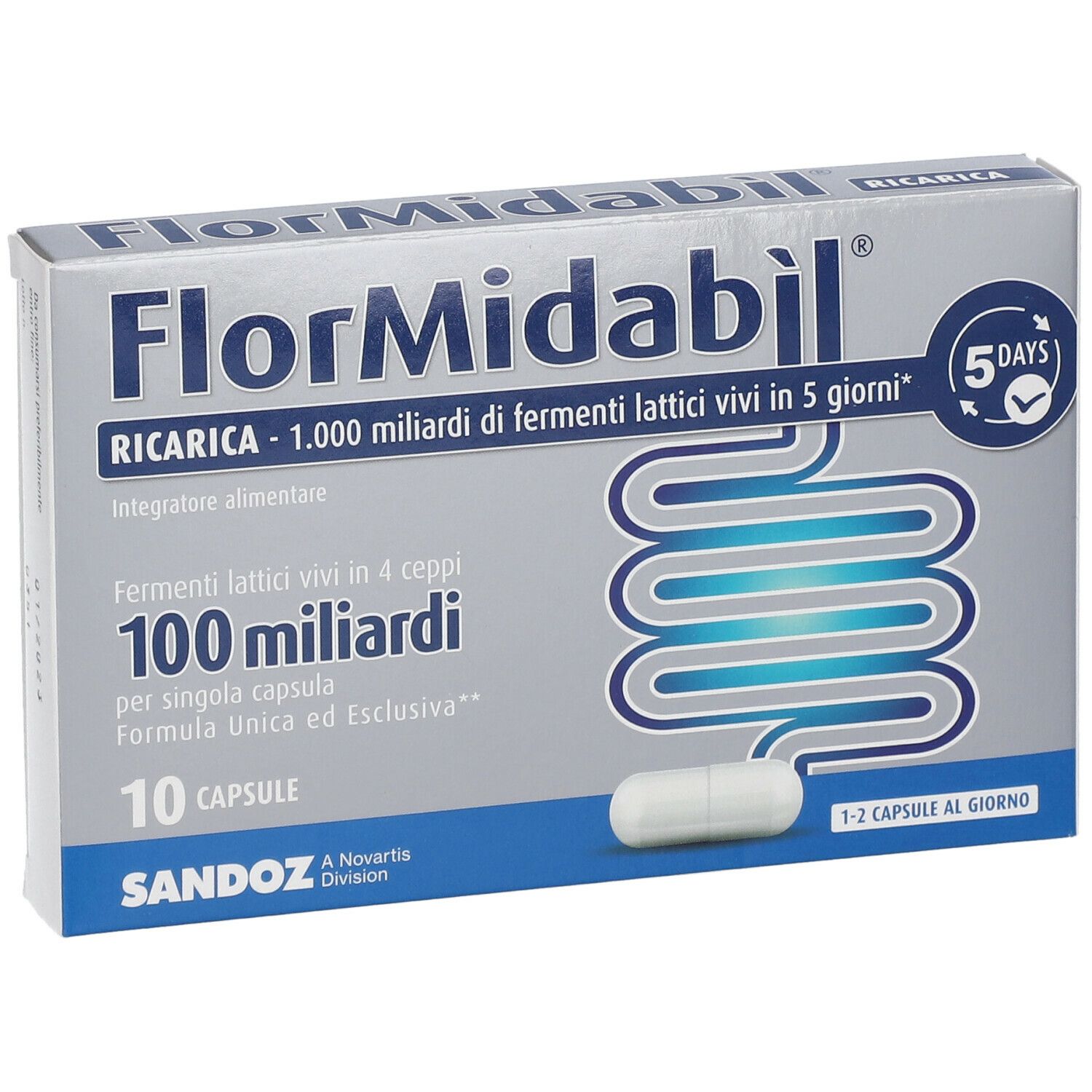 Boîte Sandoz Flormidabil Ricarica. 10 gélules, 100 milliards de bactéries vivantes. 5 jours.