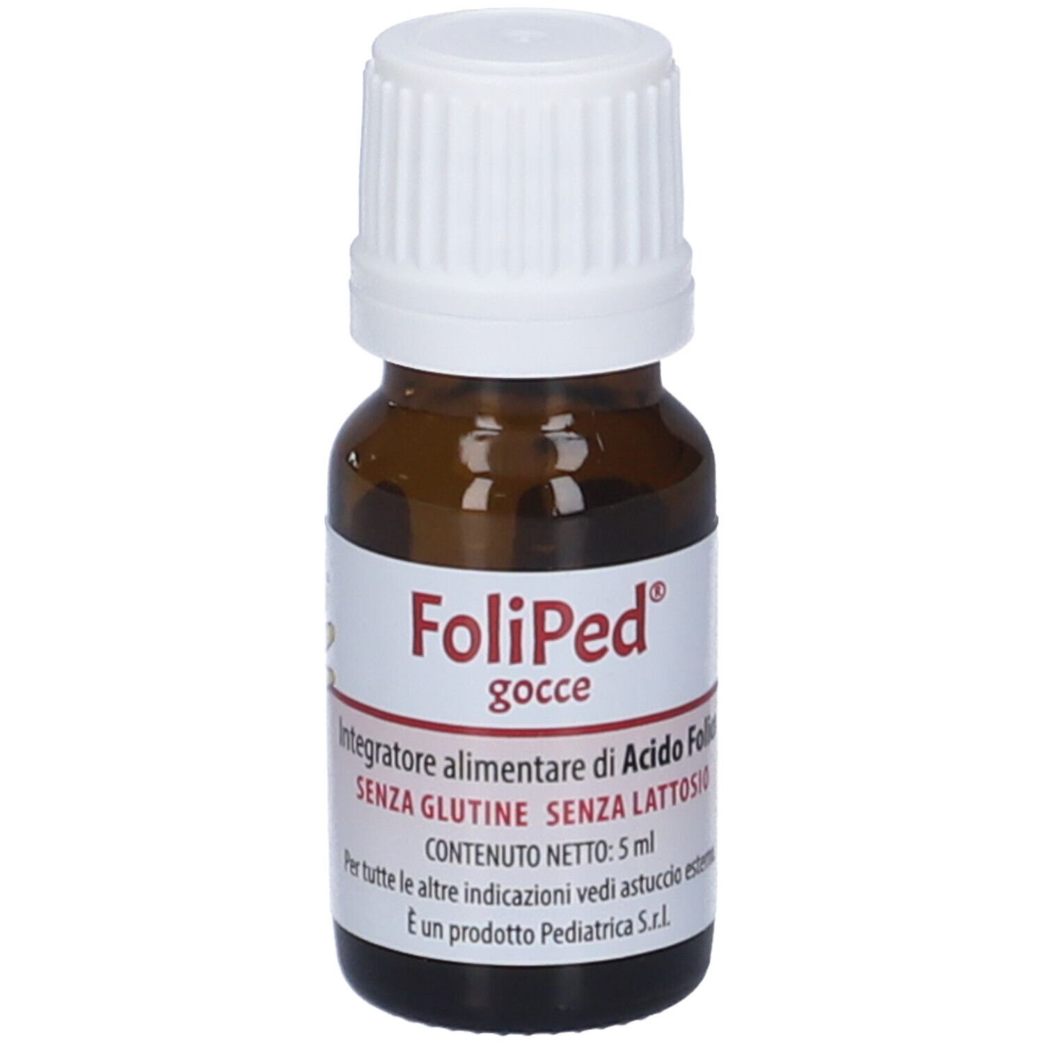 Flacon en verre brun avec bouchon blanc. Étiquette avec nom du produit et texte: Integratore alimentare di acido folico.