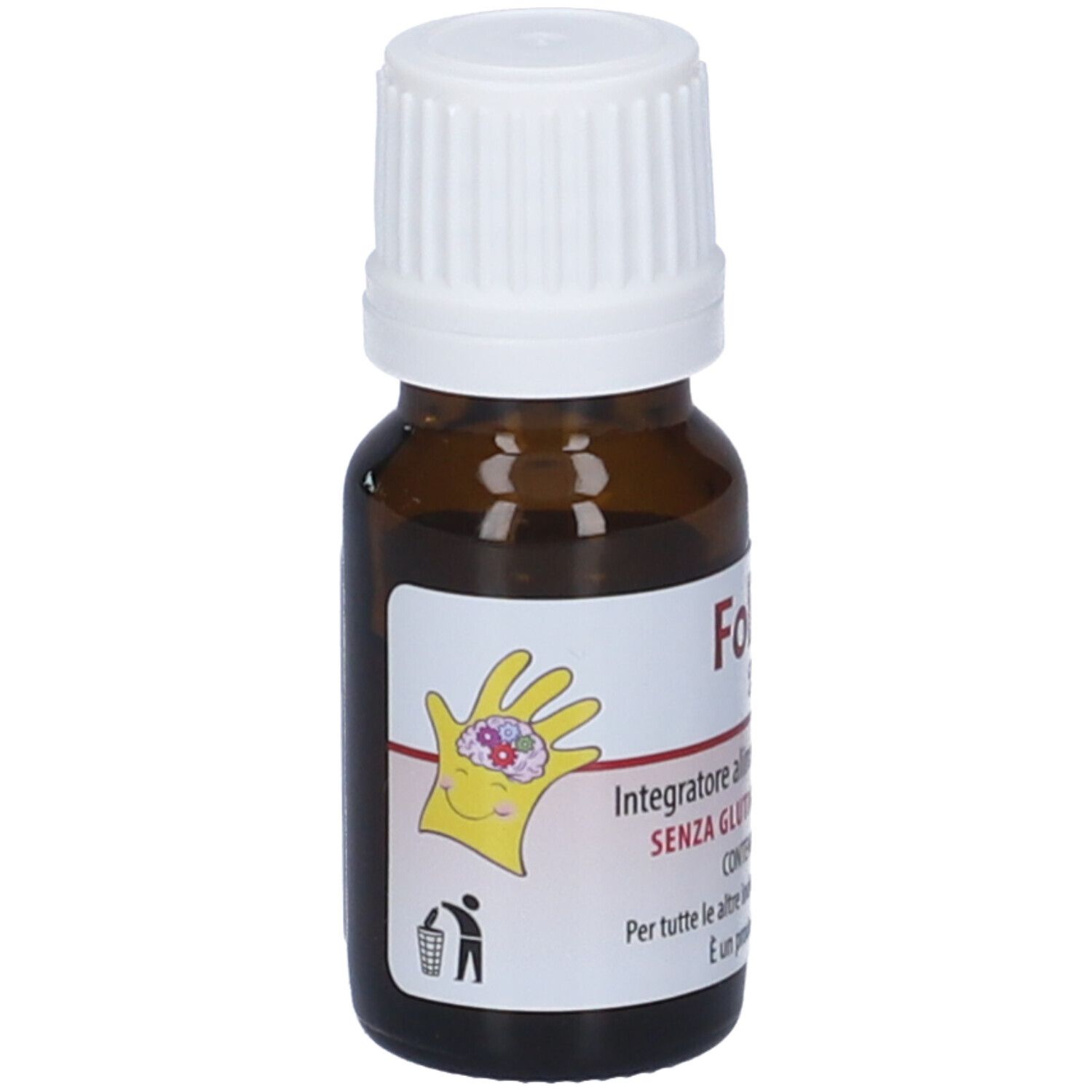 Flacon en verre brun avec bouchon blanc. Étiquette avec nom du produit et illustration d'une main avec un cerveau.