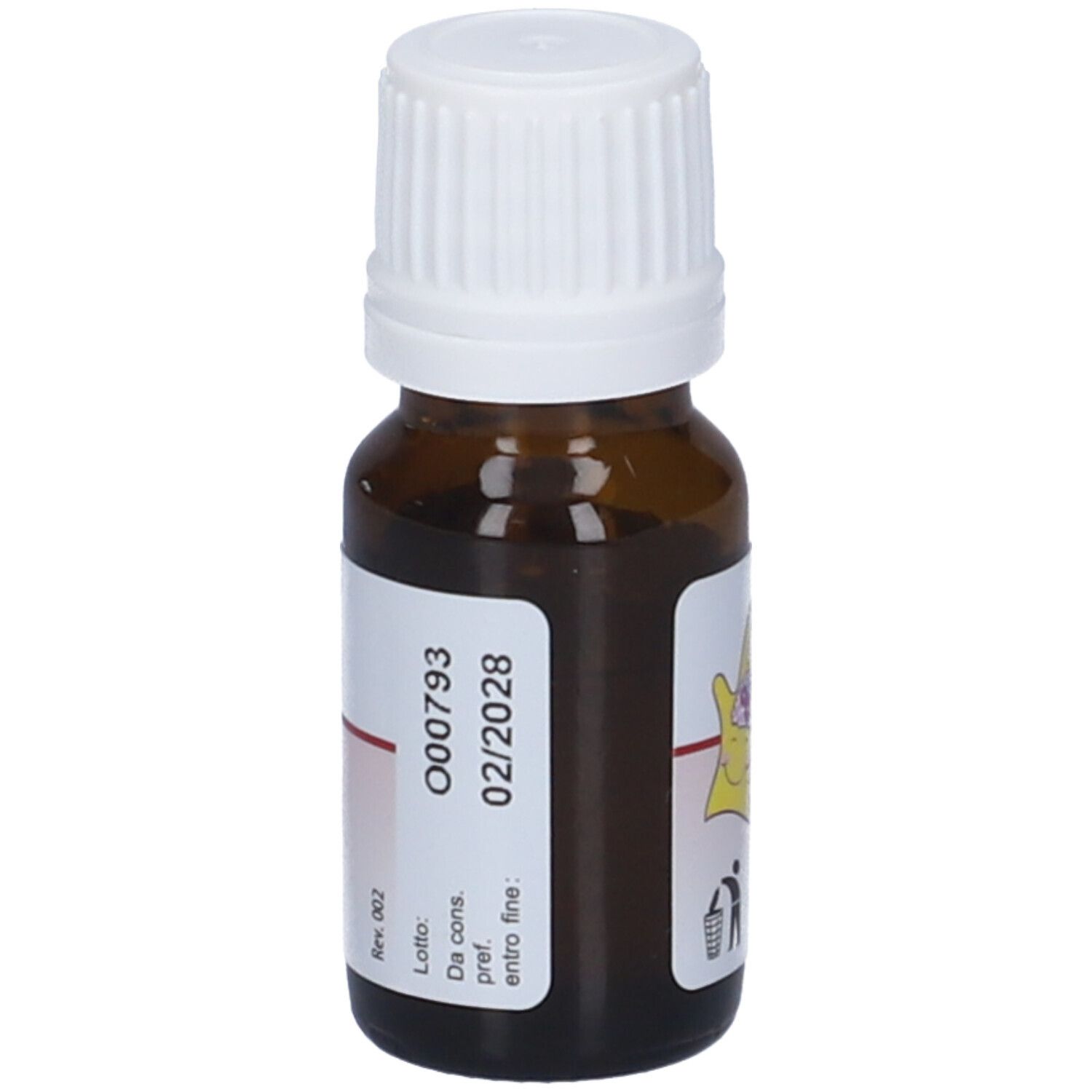 Flacon en verre brun avec bouchon blanc. Étiquette avec numéro de lot et date de péremption.