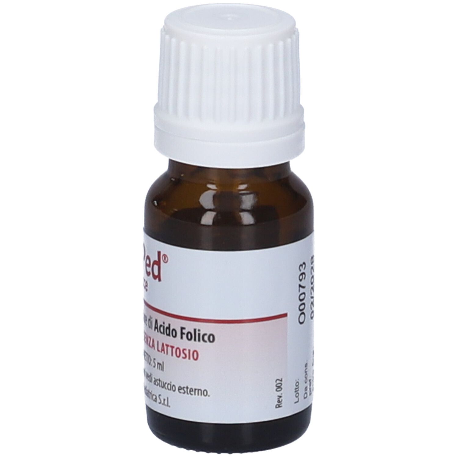 Flacon en verre brun avec bouchon blanc. Étiquette avec nom du produit et texte: Integratore alimentare di acido folico.