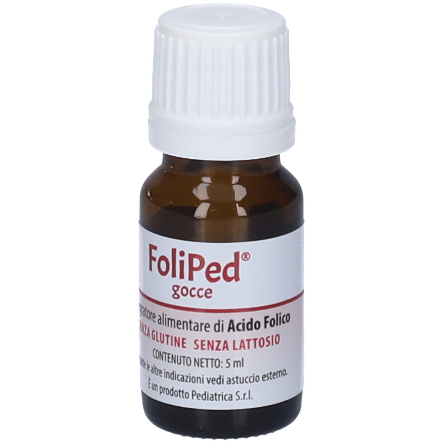 Flacon en verre brun avec bouchon blanc. Étiquette avec nom du produit et texte: Integratore alimentare di acido folico.