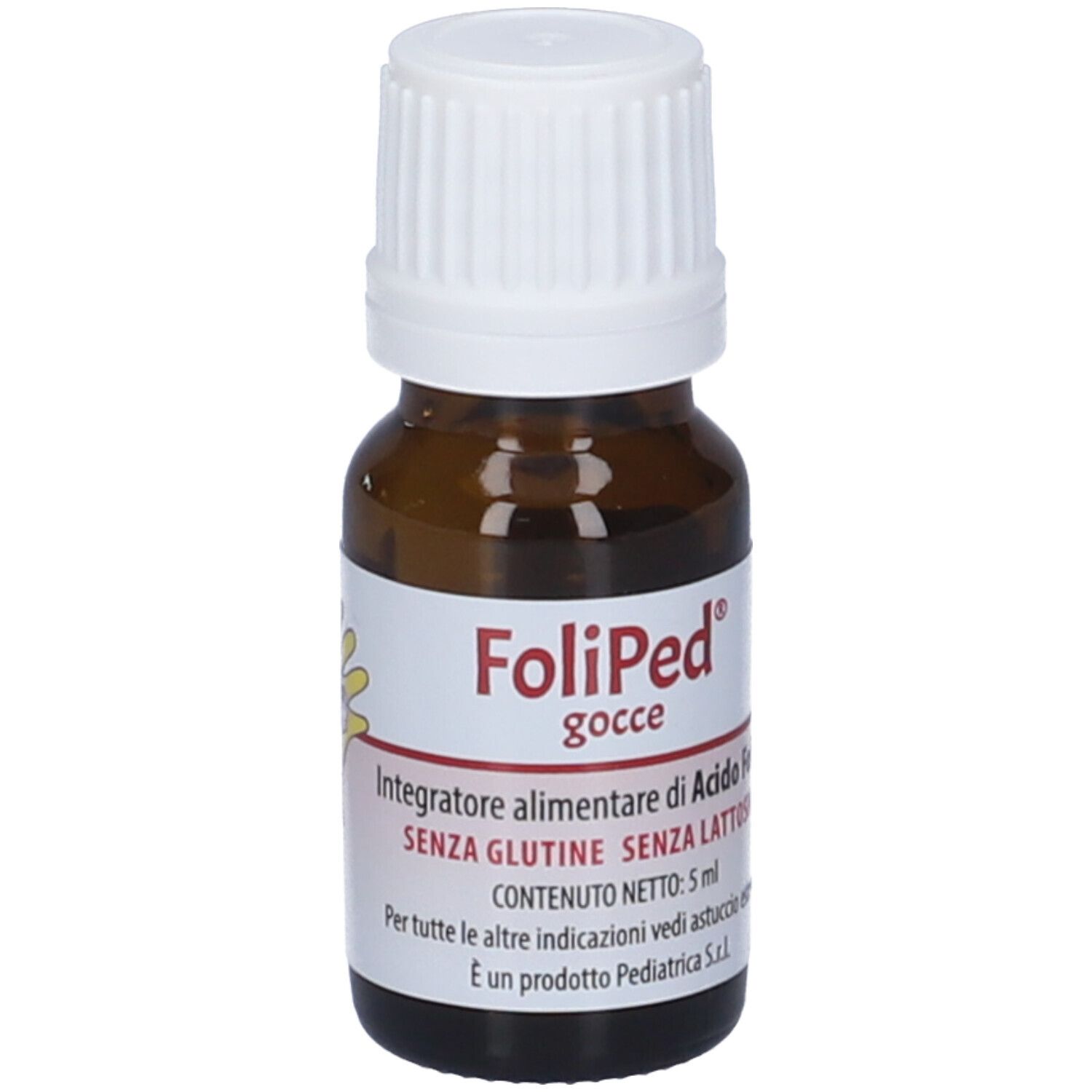 Flacon en verre brun avec bouchon blanc. Étiquette avec nom du produit et texte: Integratore alimentare di acido folico.