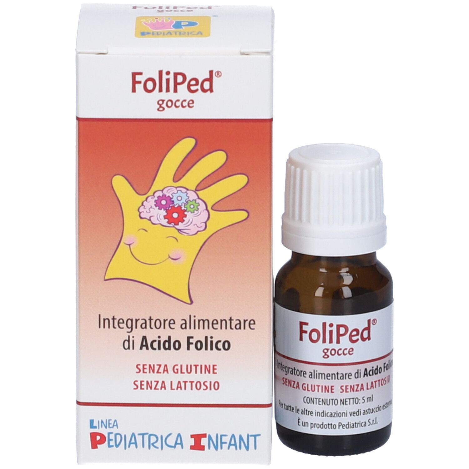 Flacon et emballage du produit. Flacon avec bouchon blanc, emballage avec nom du produit et illustration.