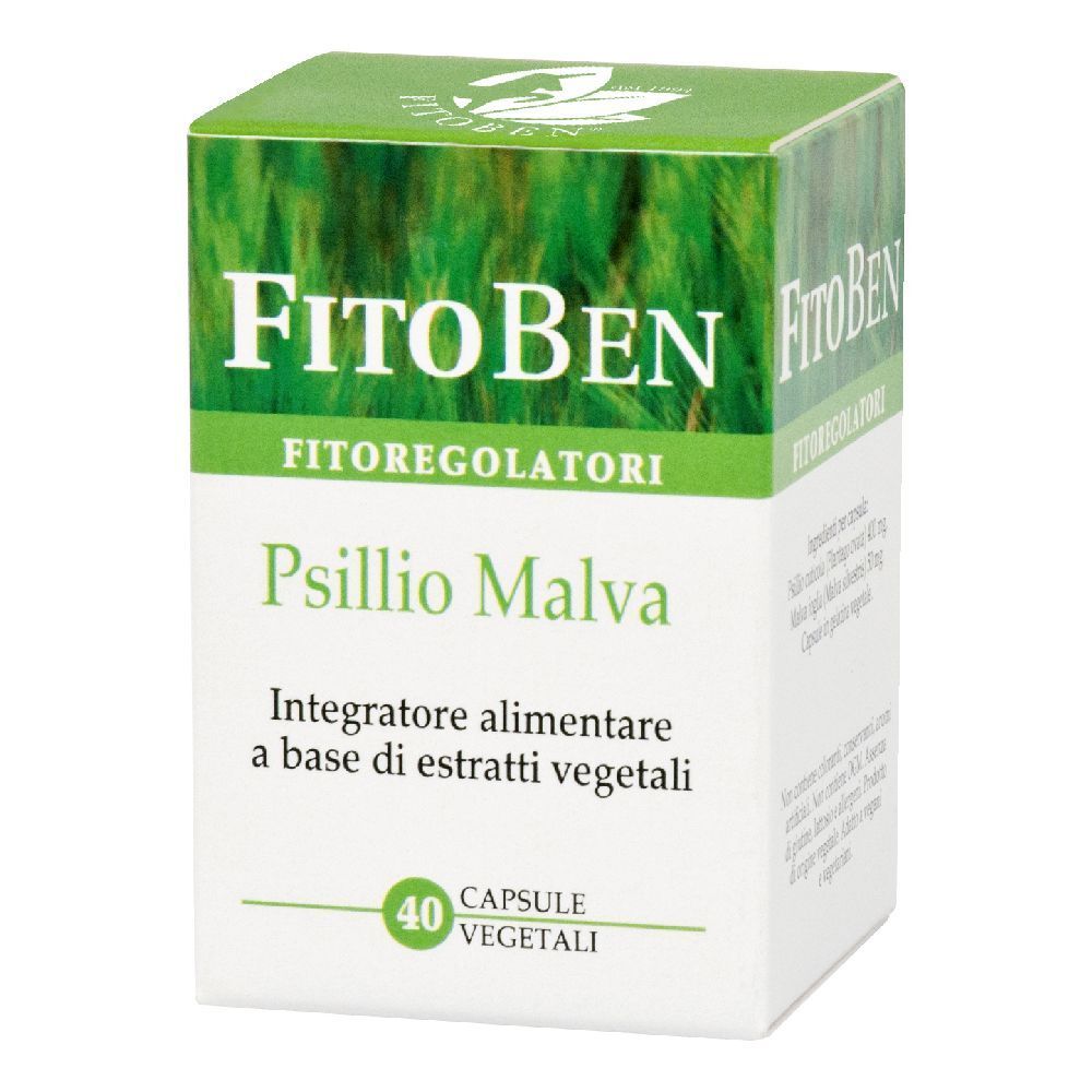 FitoBen Psillio Malva. Boîte de 40 gélules végétales. Emballage vert et blanc avec nom du produit et logo.