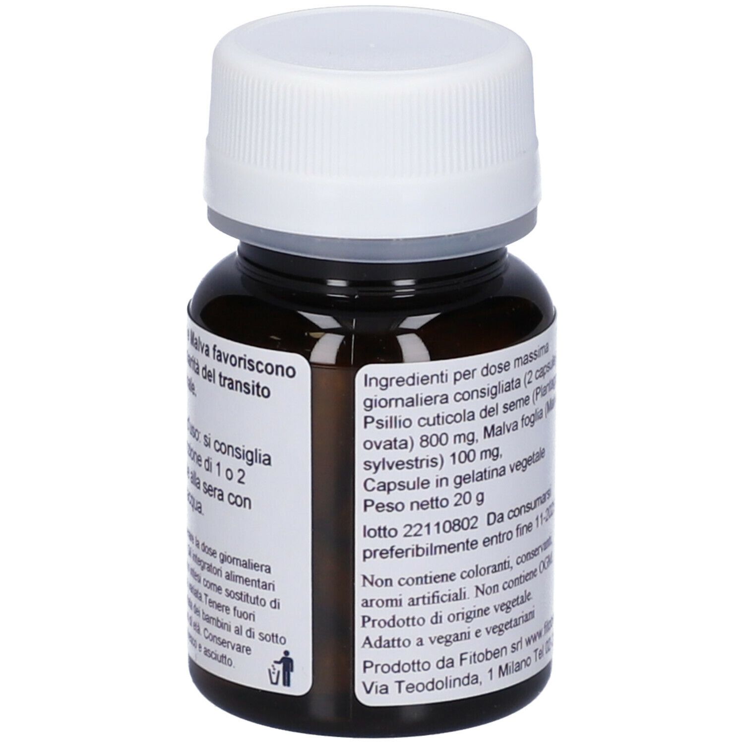 Flacon brun avec bouchon blanc. Étiquette avec informations produit. Marque FitoBen. Contient 40 gélules.