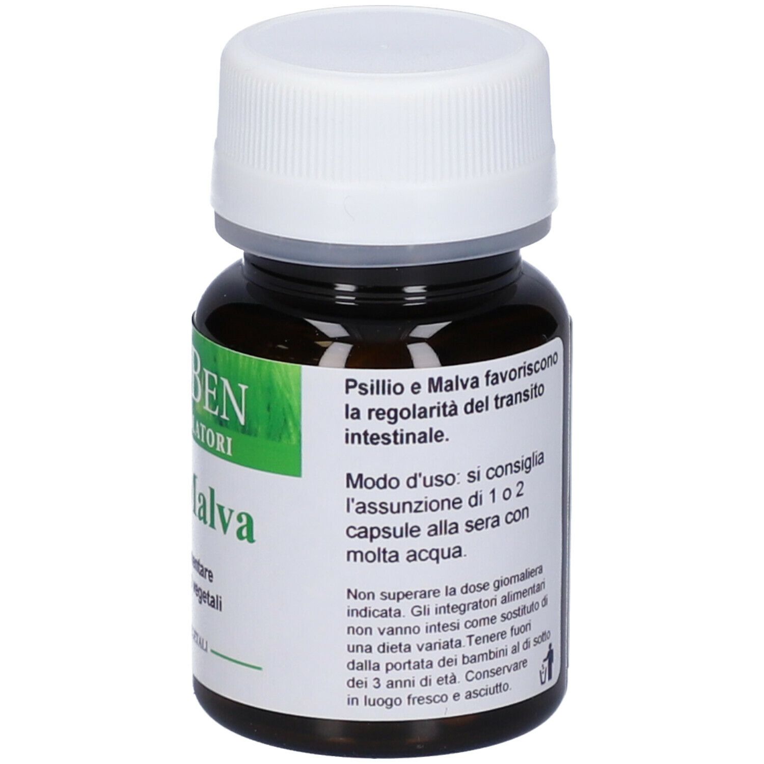 Flacon brun avec bouchon blanc. Étiquette avec informations produit. Marque FitoBen. 40 gélules.