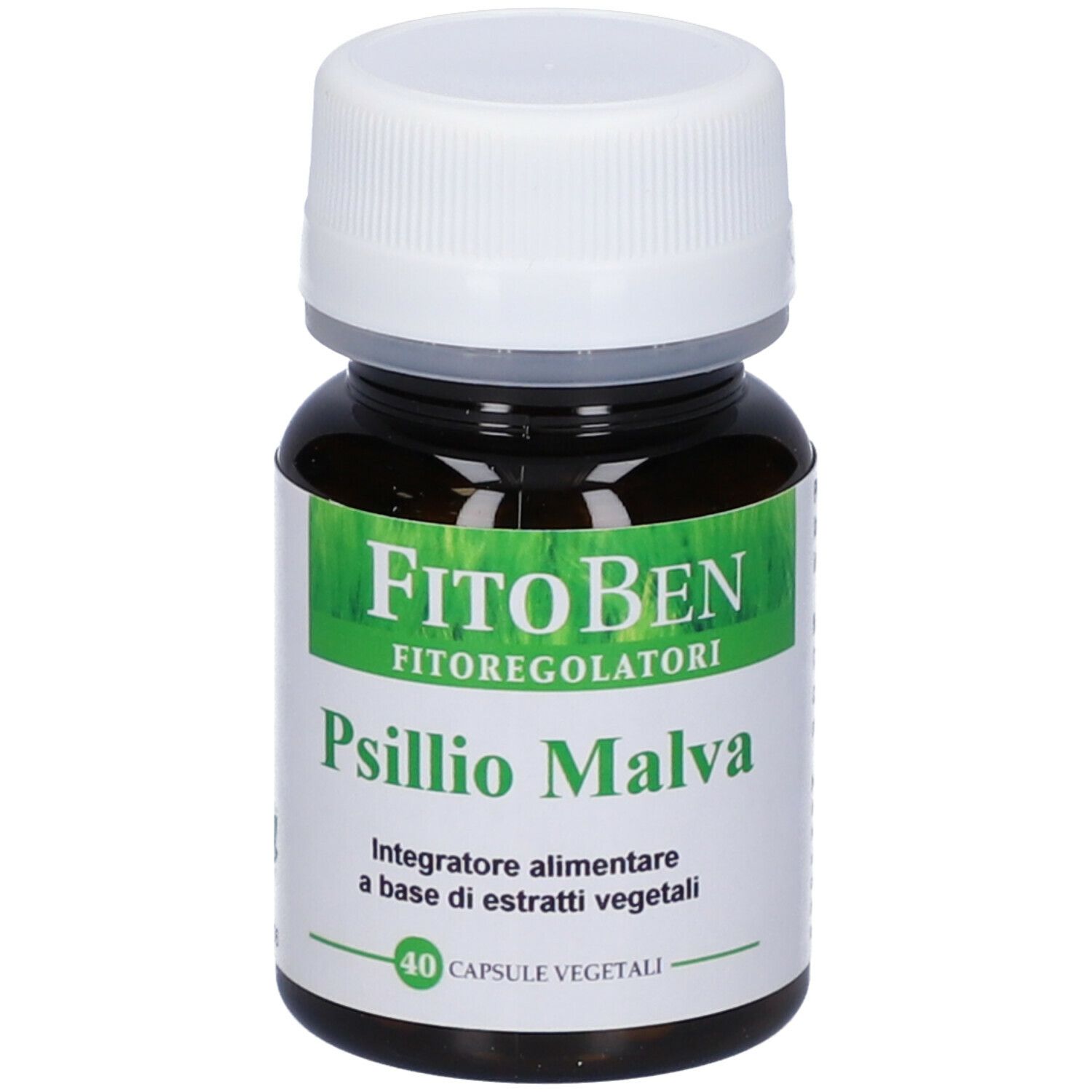 Flacon brun avec bouchon blanc. Étiquette avec informations produit. Marque FitoBen. 40 gélules.