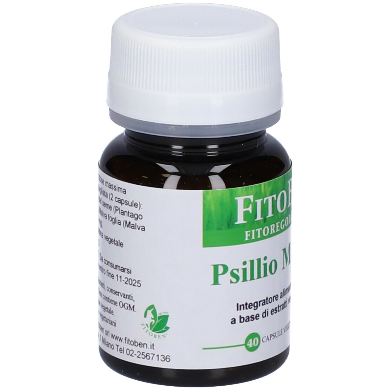 Flacon brun avec bouchon blanc. Étiquette avec informations produit. Marque FitoBen. 40 gélules.