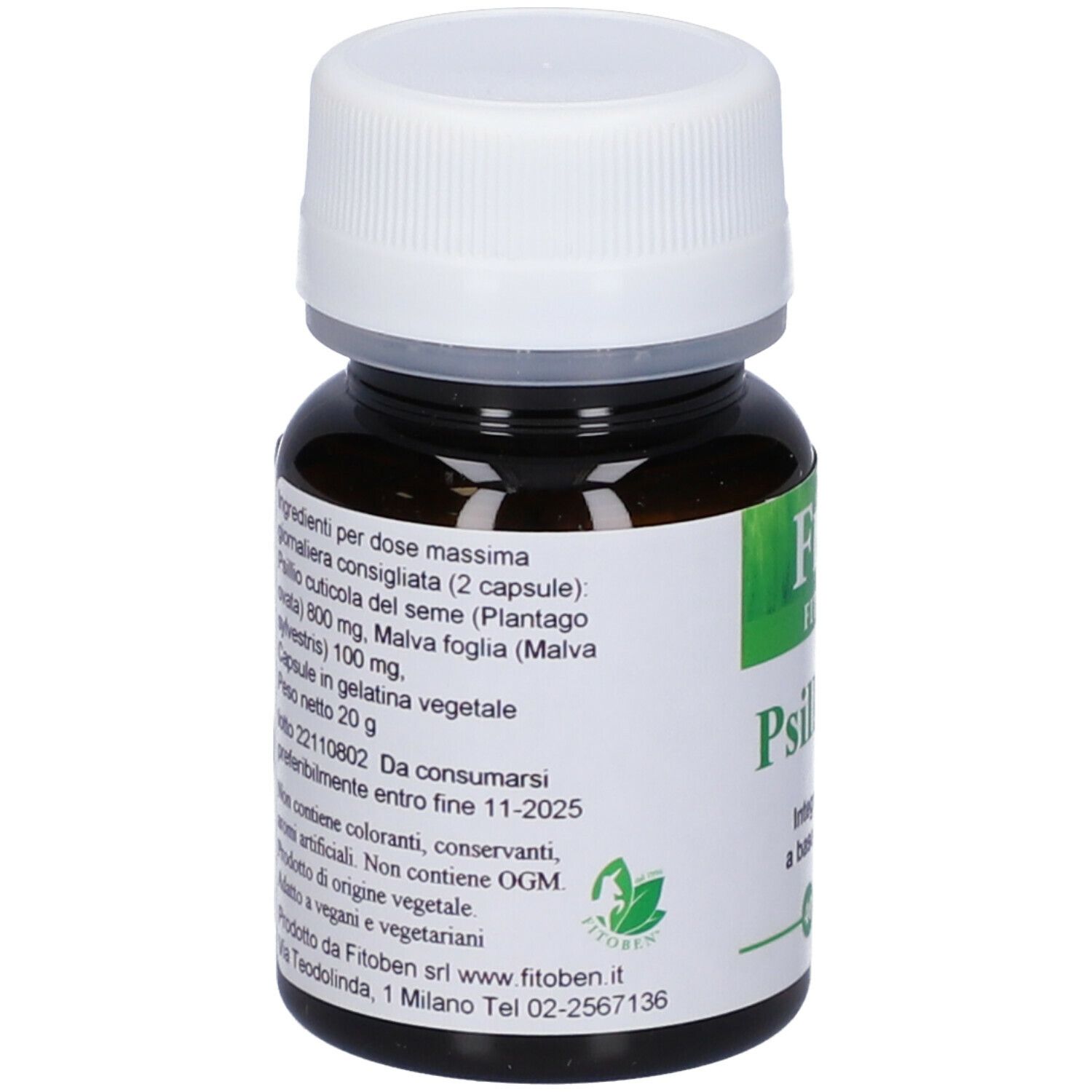 Flacon brun avec bouchon blanc. Étiquette avec informations produit. Marque FitoBen. 40 gélules.