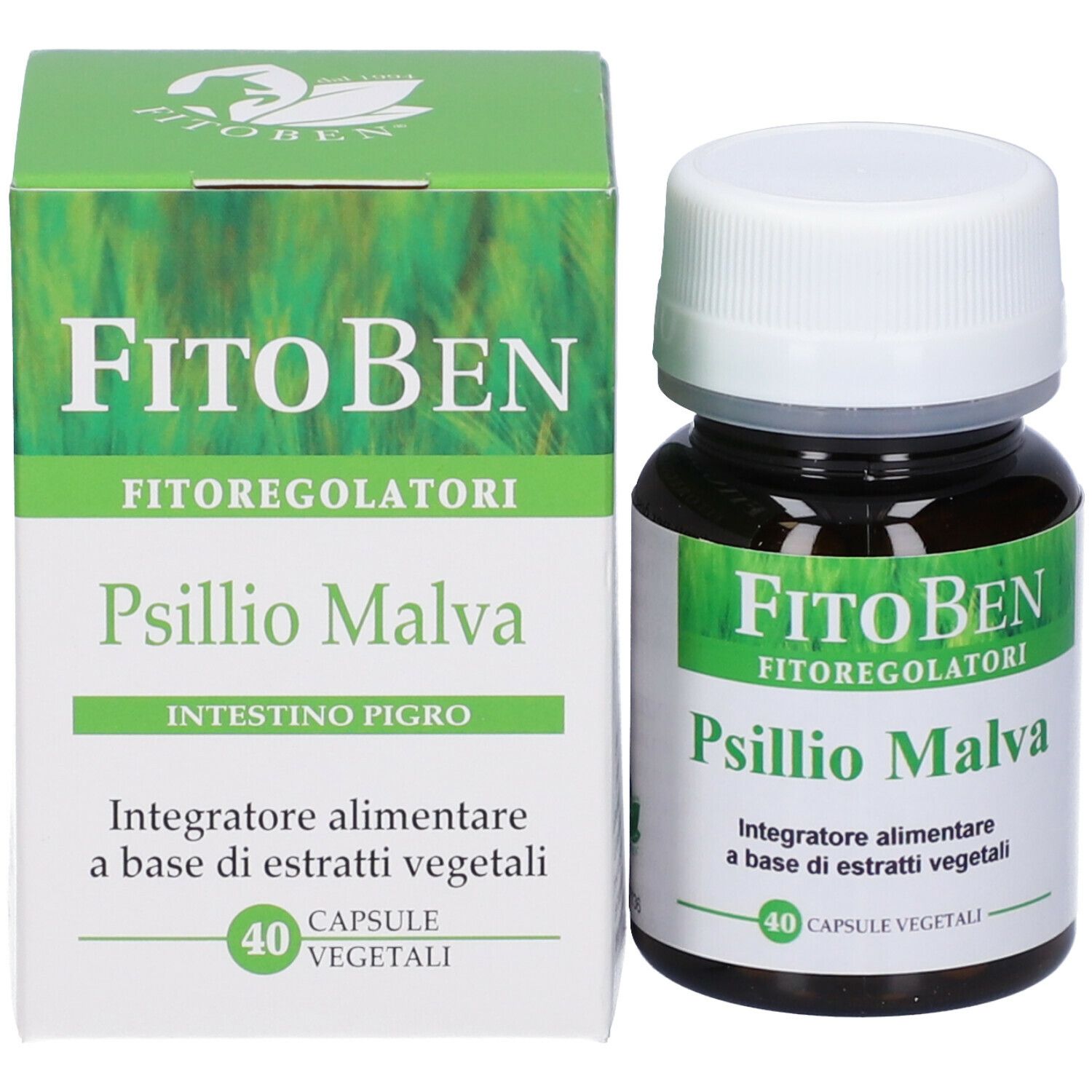 FitoBen Psillio Malva. Boîte et flacon de 40 gélules végétales. Nom du produit et logo.