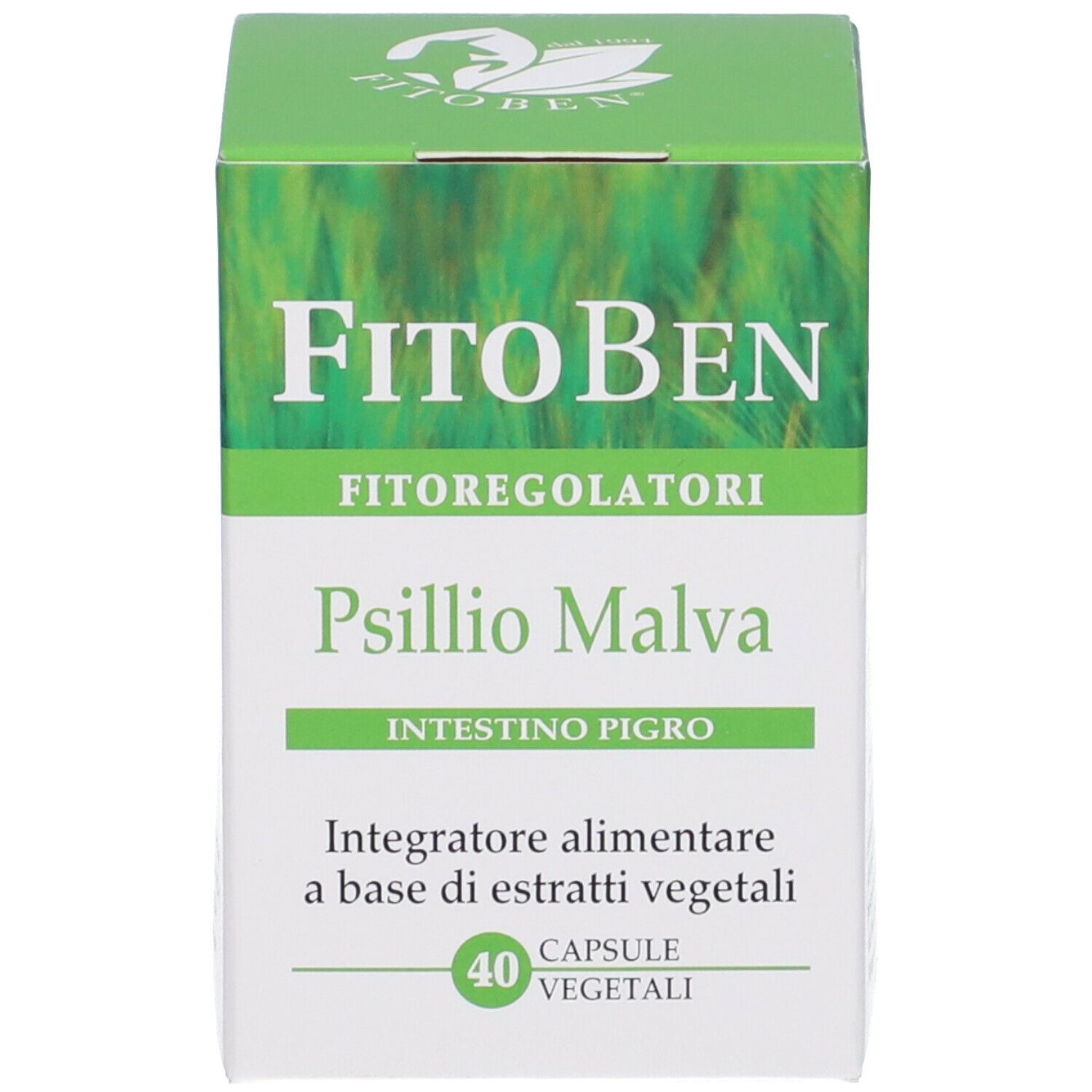 FitoBen Psillio Malva. Boîte de 40 gélules végétales. Emballage vert et blanc avec nom du produit et logo.