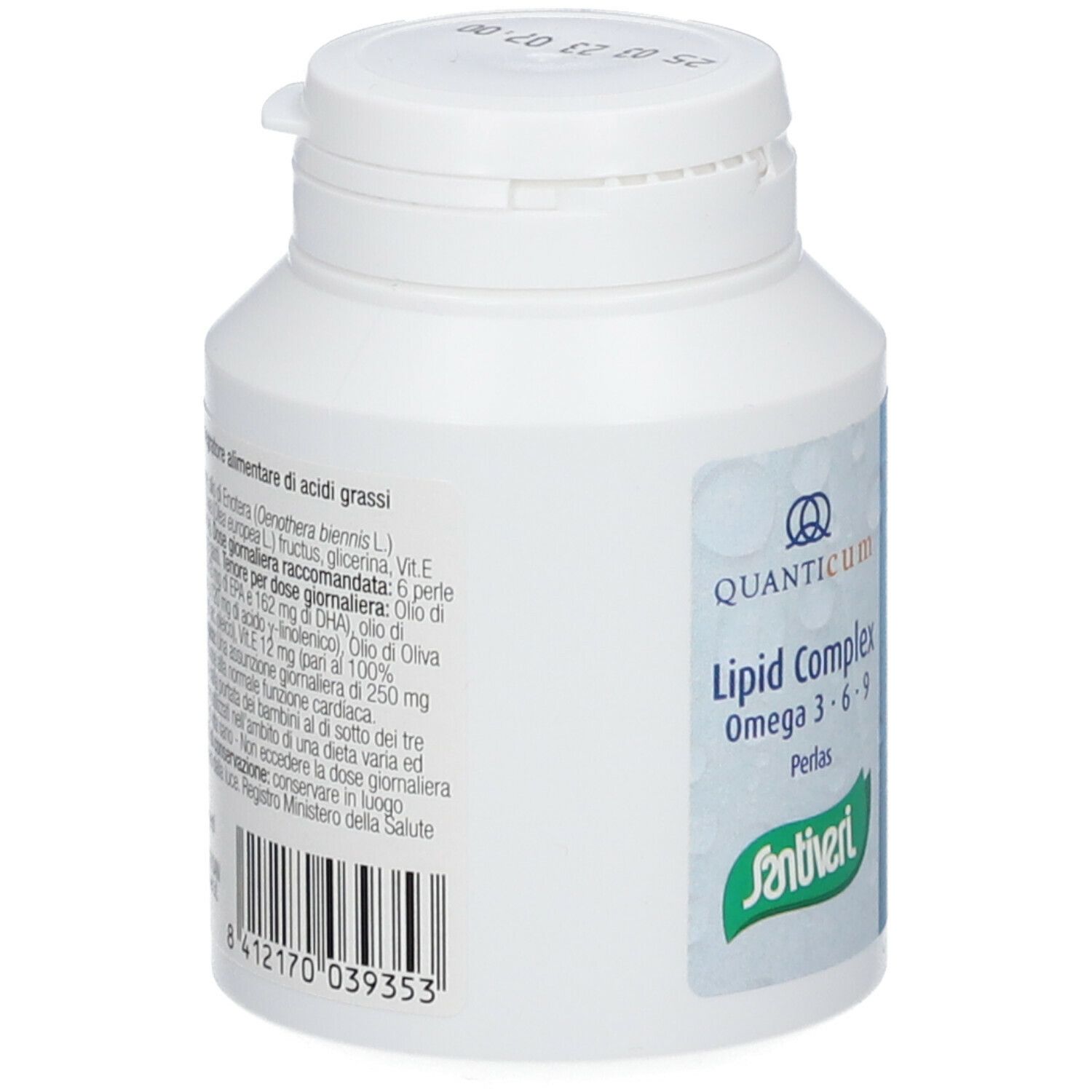 Weiße Dose Santiveri Lipid Complex. Rückseite mit Text und Barcode. Logo Quanticum. Grünes Santiveri-Logo.