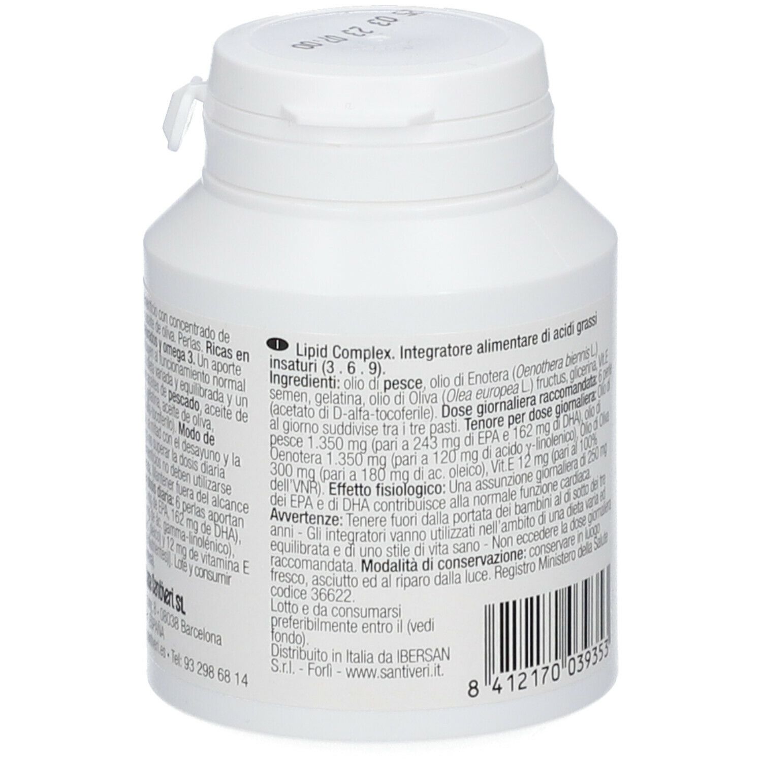 Rückseite der weißen Dose Santiveri Lipid Complex. Text in mehreren Sprachen. Barcode. Logo Quanticum.