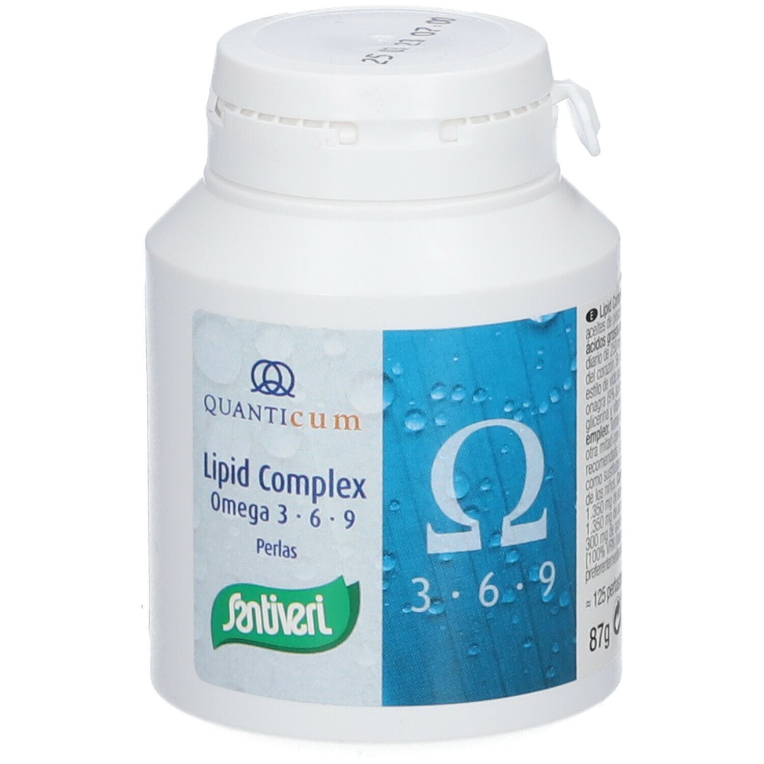 Weiße Dose Santiveri Lipid Complex. Aufschrift Omega 3·6·9. Grünes Logo. Blaue Elemente mit Wassertropfen.
