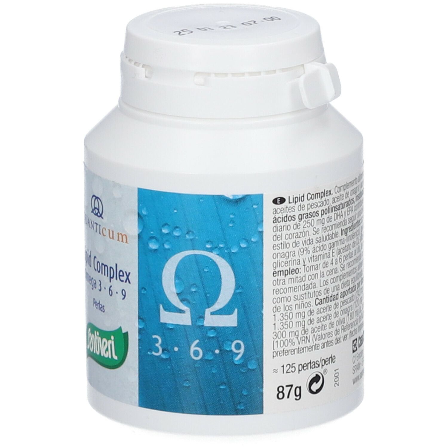 Weiße Dose Santiveri Lipid Complex. Aufschrift Omega 3·6·9. Grünes Logo. Blaue Elemente mit Wassertropfen. 125 Perlen.