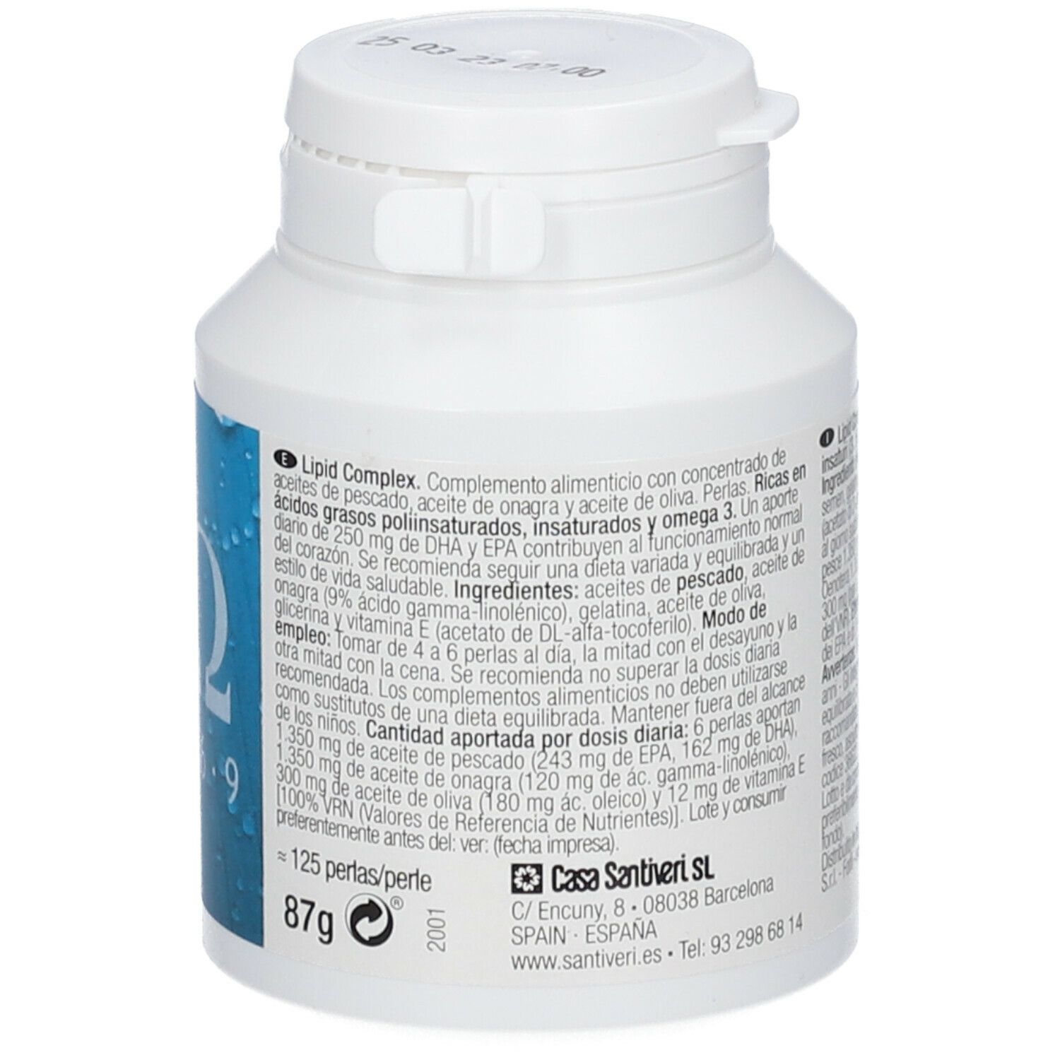 Rückseite der weißen Dose Santiveri Lipid Complex. Text, 125 Perlen. Logo Quanticum. Grünes Santiveri-Logo.
