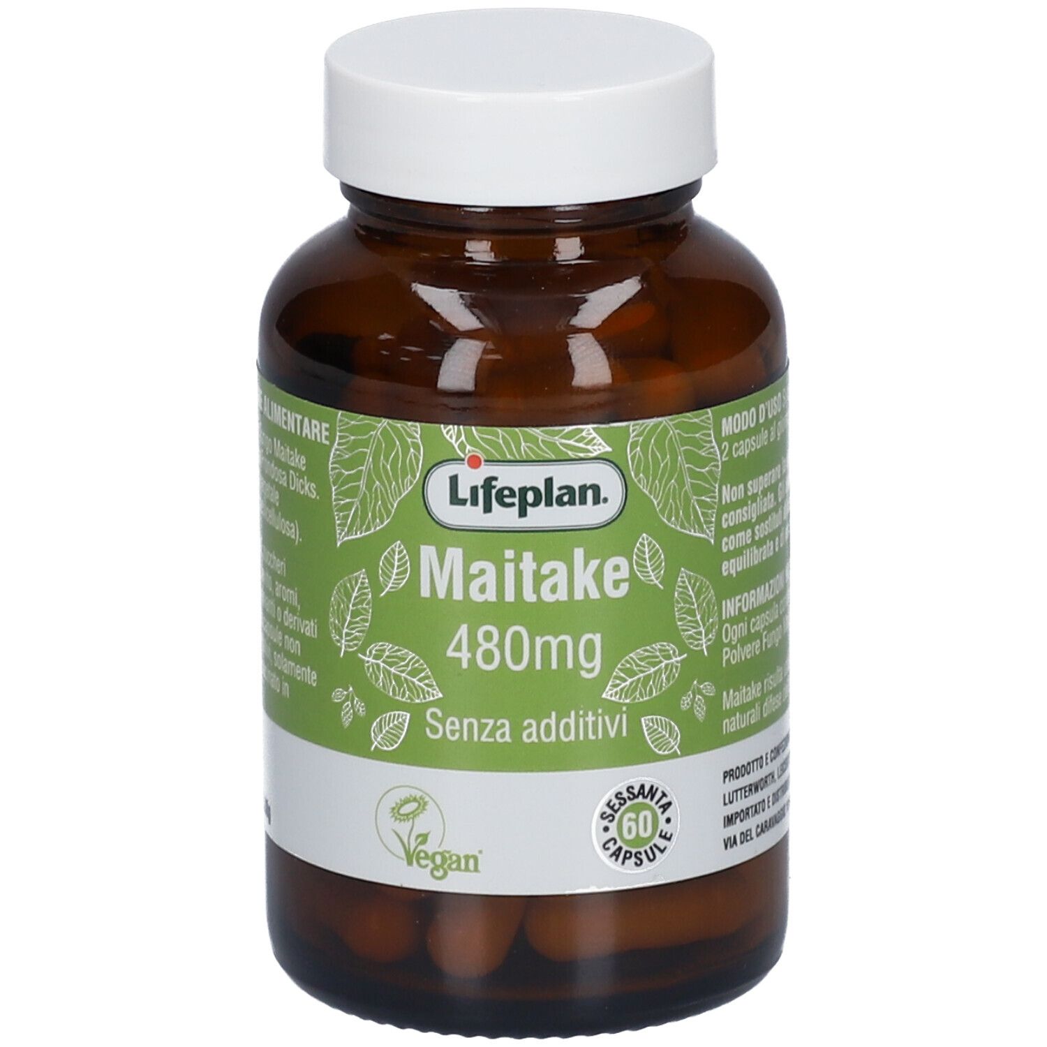 Flacon en verre brun avec bouchon blanc. Étiquette "Lifeplan Maitake 480mg". Label Vegan. 60 gélules.