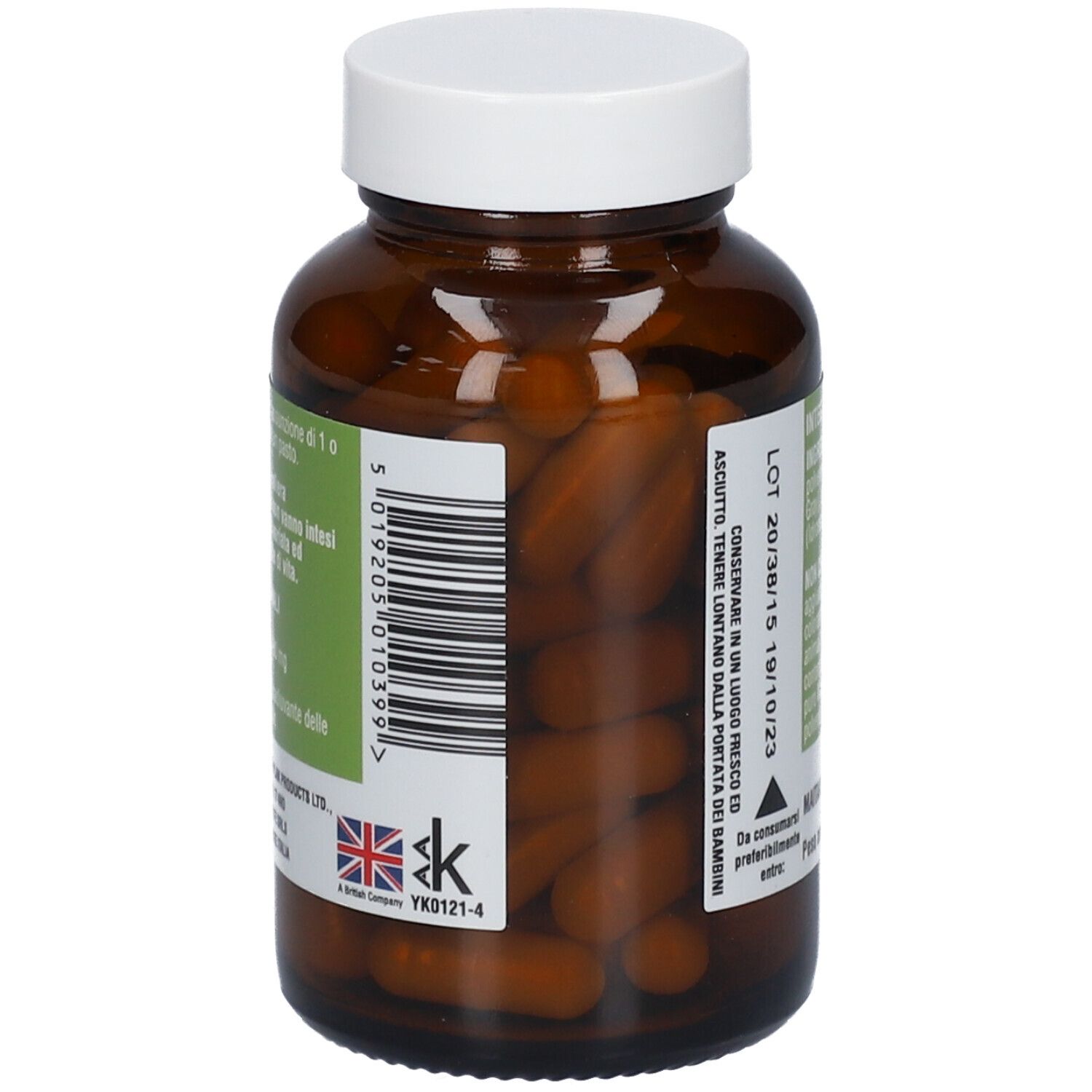 Dos du flacon brun. Code-barres et informations du fabricant. DDM 10/23.