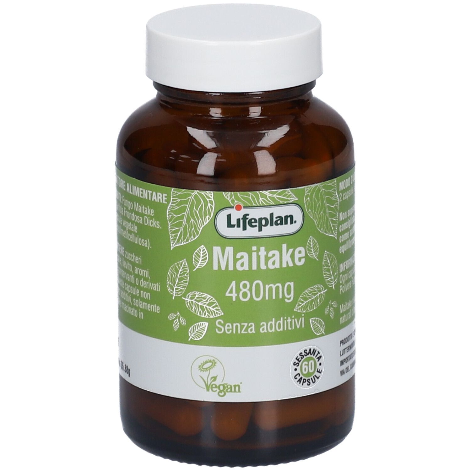 Flacon en verre brun avec bouchon blanc. Étiquette "Lifeplan Maitake 480mg". Label Vegan. 60 gélules.