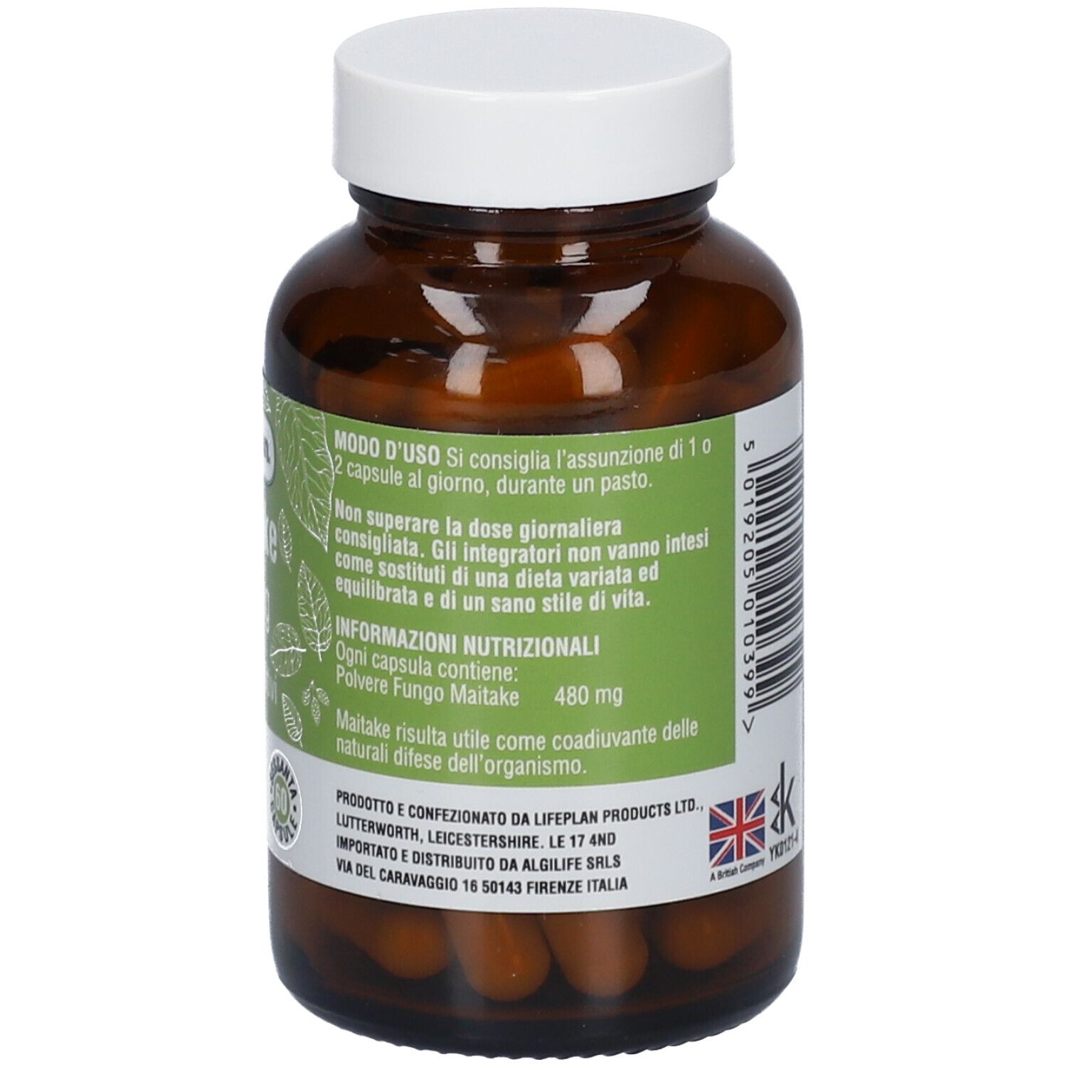 Dos du flacon brun. Étiquette avec instructions d'utilisation et informations nutritionnelles. Label Vegan.