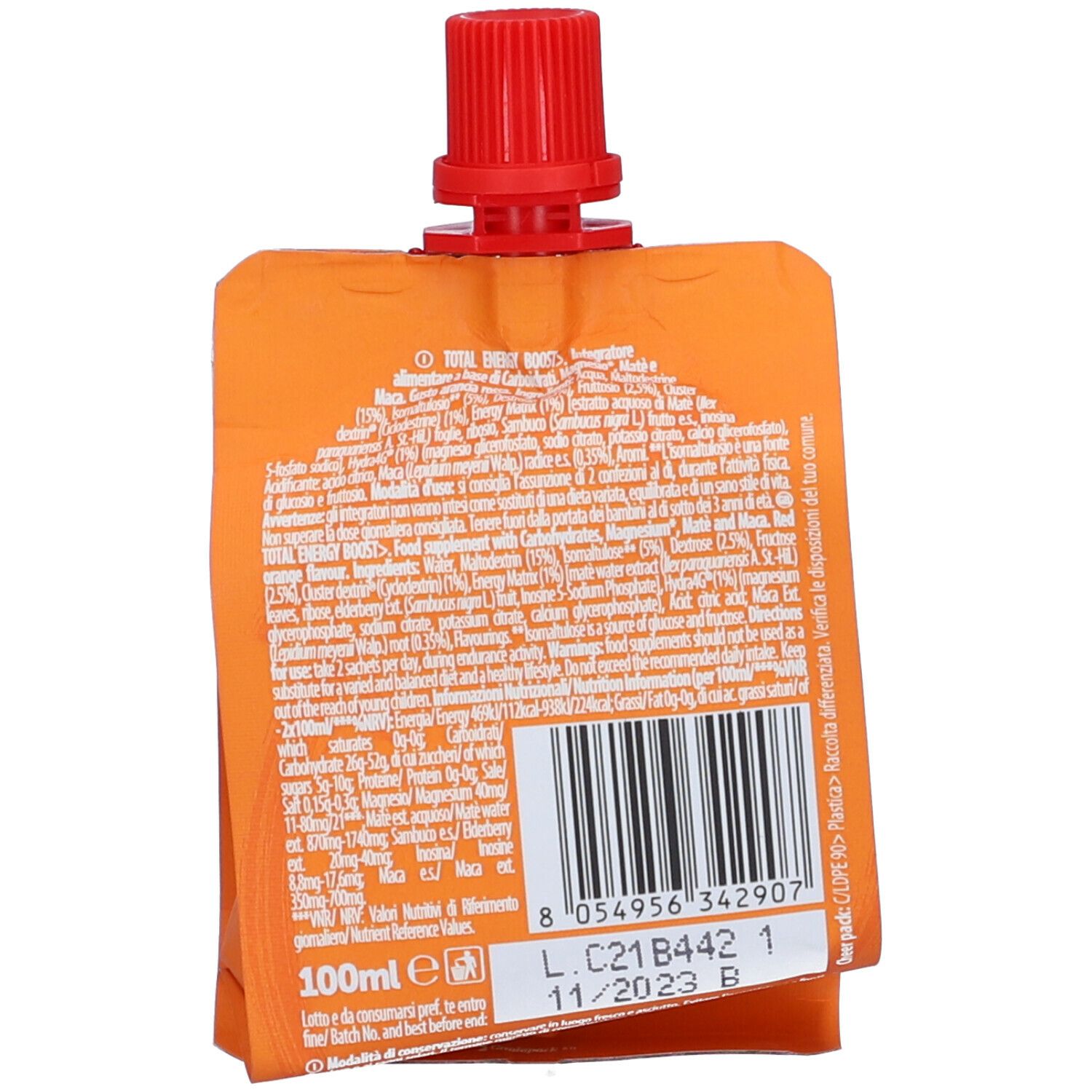 Rückseite der NAMEDSPORT Total Energy Boost Verpackung. Text und Barcode. Orangefarbenes Beutelformat mit rotem Verschluss.