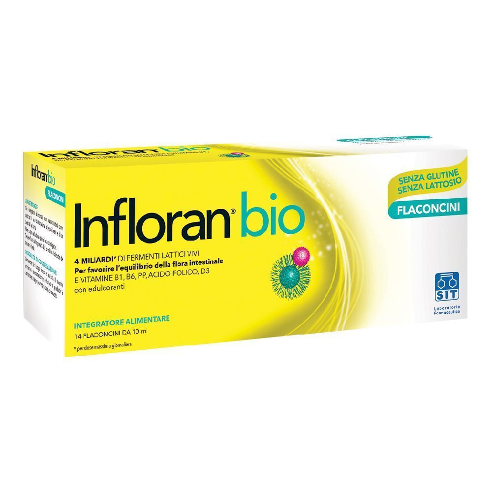 Boîte jaune "Infloran bio" avec 14 flacons. Inscription : Sans gluten, sans lactose.
