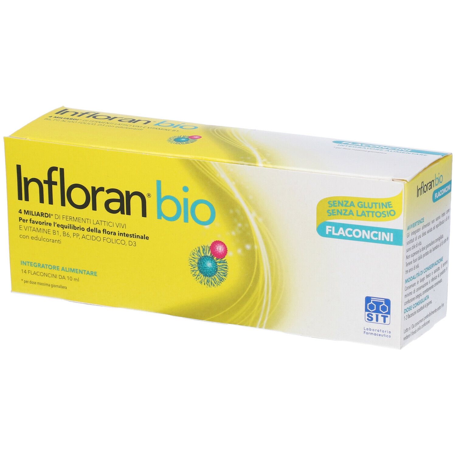 Boîte jaune "Infloran bio" avec 14 flacons. Inscription : Sans gluten, sans lactose.