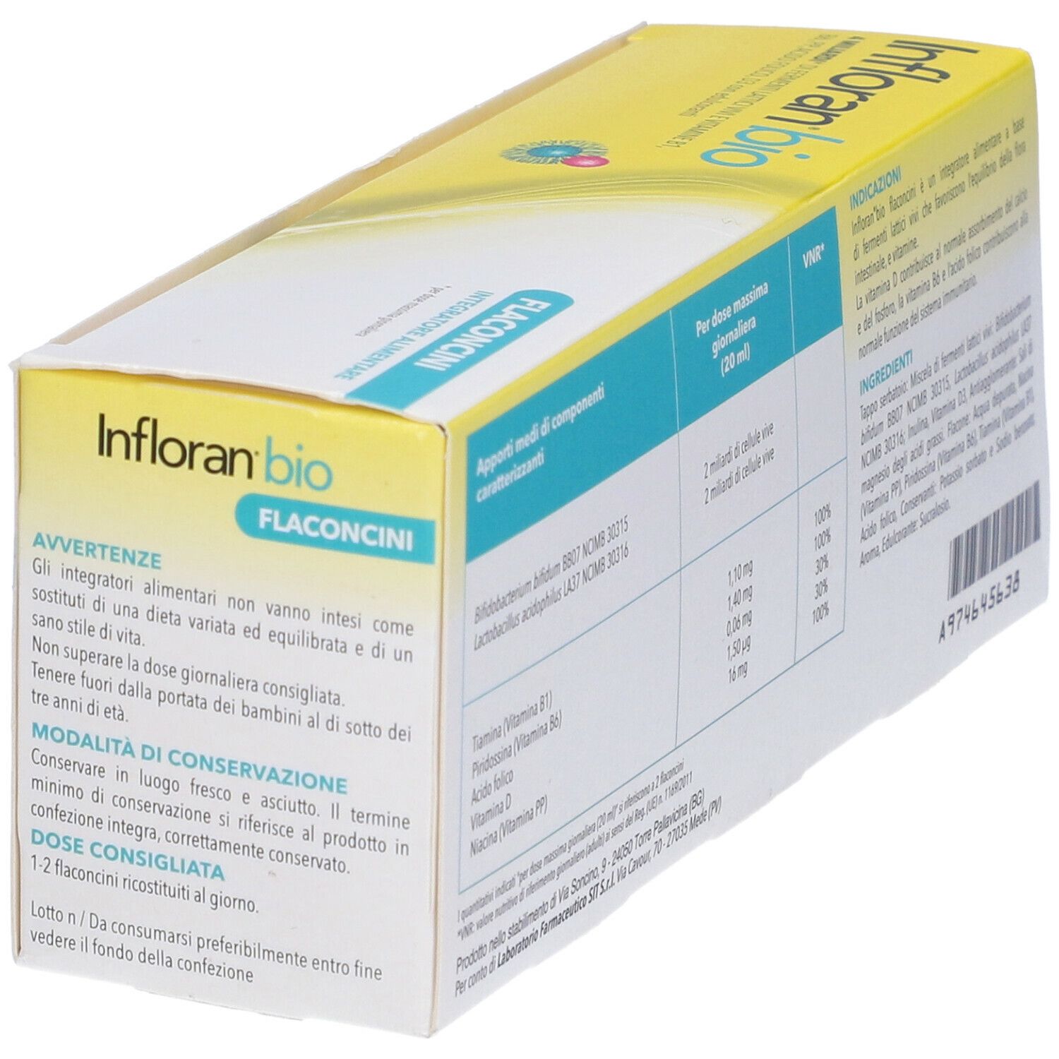 Dos de la boîte "Infloran bio". Contient des informations sur les ingrédients et les avertissements.