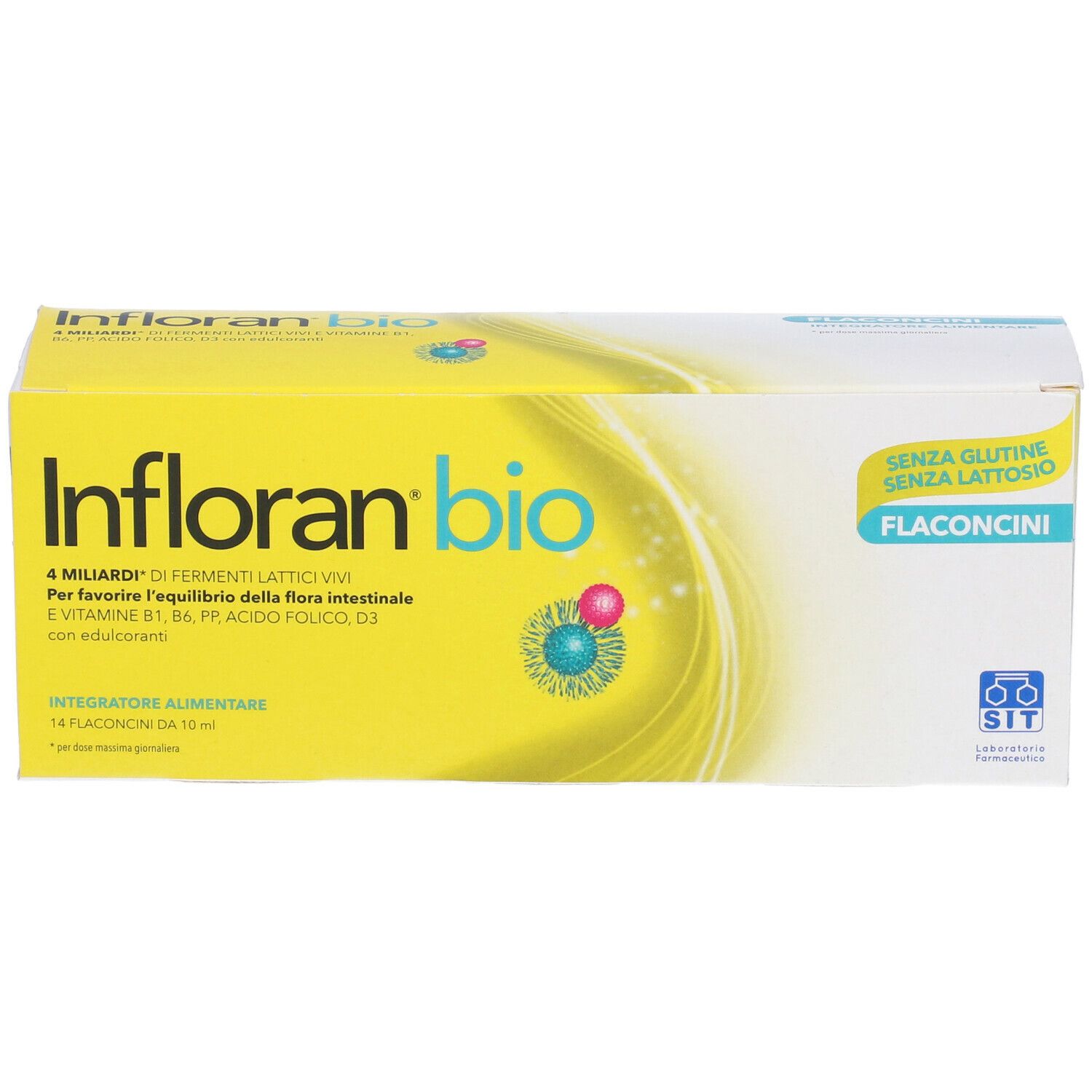 Boîte jaune "Infloran bio" avec 14 flacons. Inscription : Sans gluten, sans lactose.