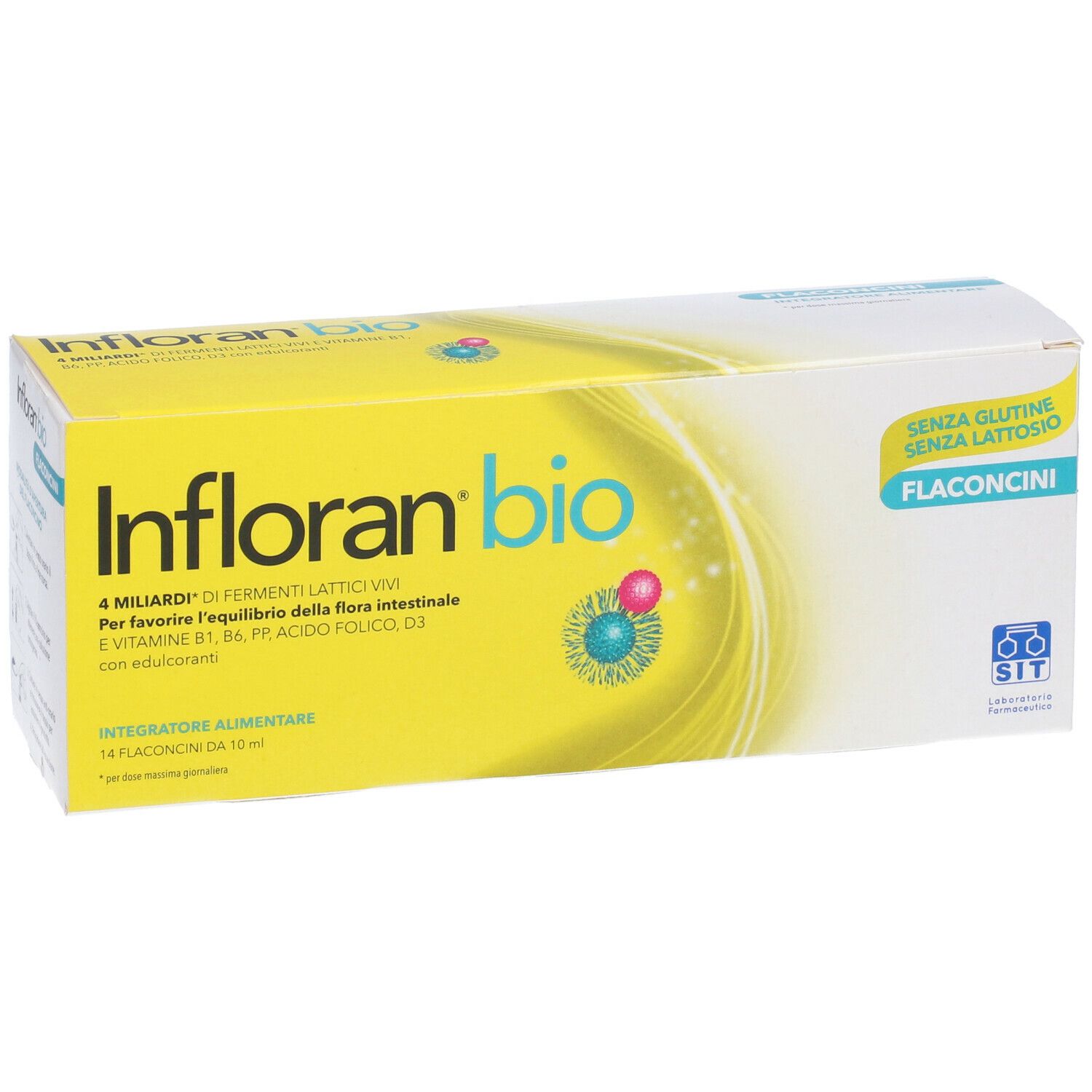 Boîte jaune "Infloran bio" avec 14 flacons. Inscription : Sans gluten, sans lactose.