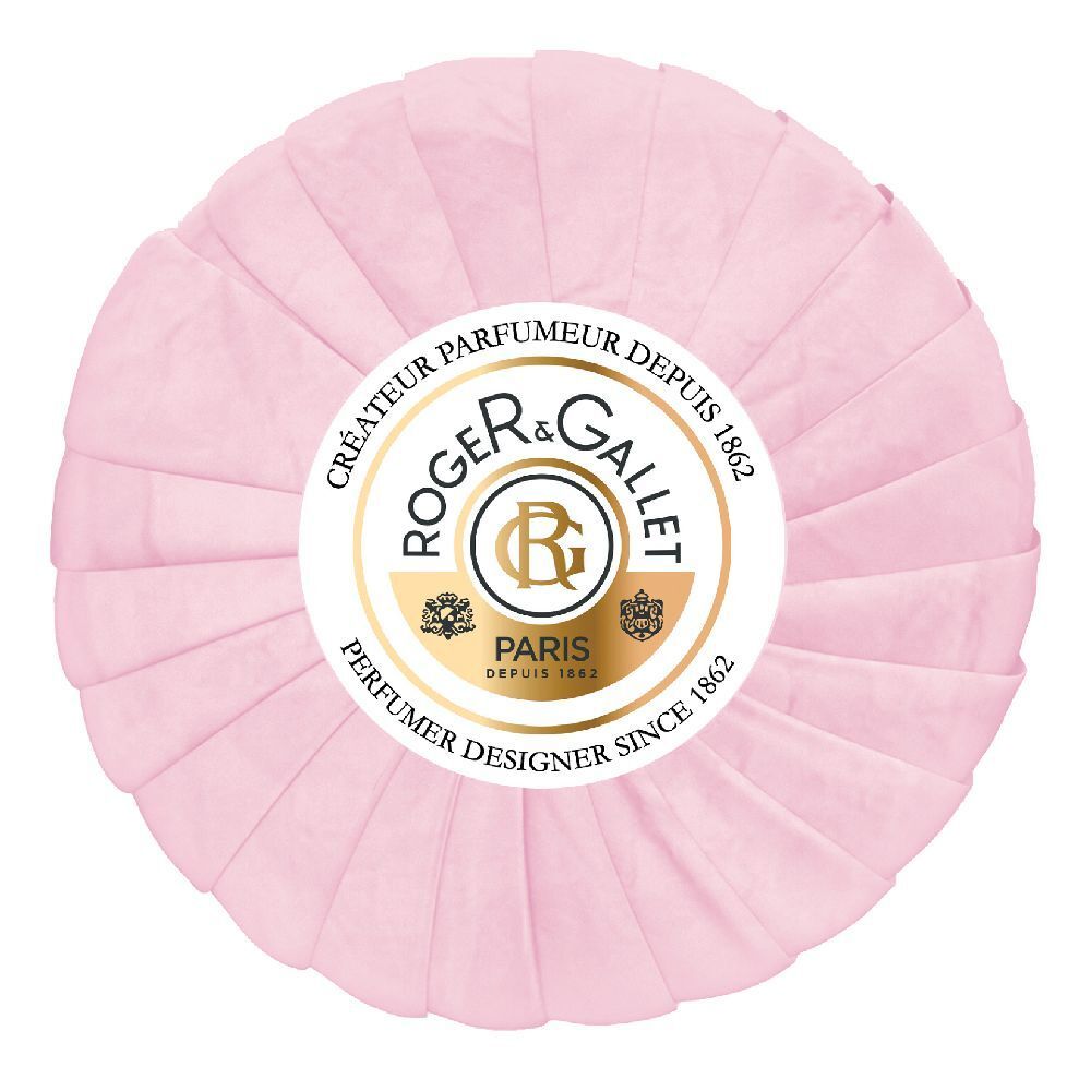 Savon rond rose, emballé dans du papier. Logo: Roger & Gallet, Paris. Texte: Parfumeur Designer since 1862.