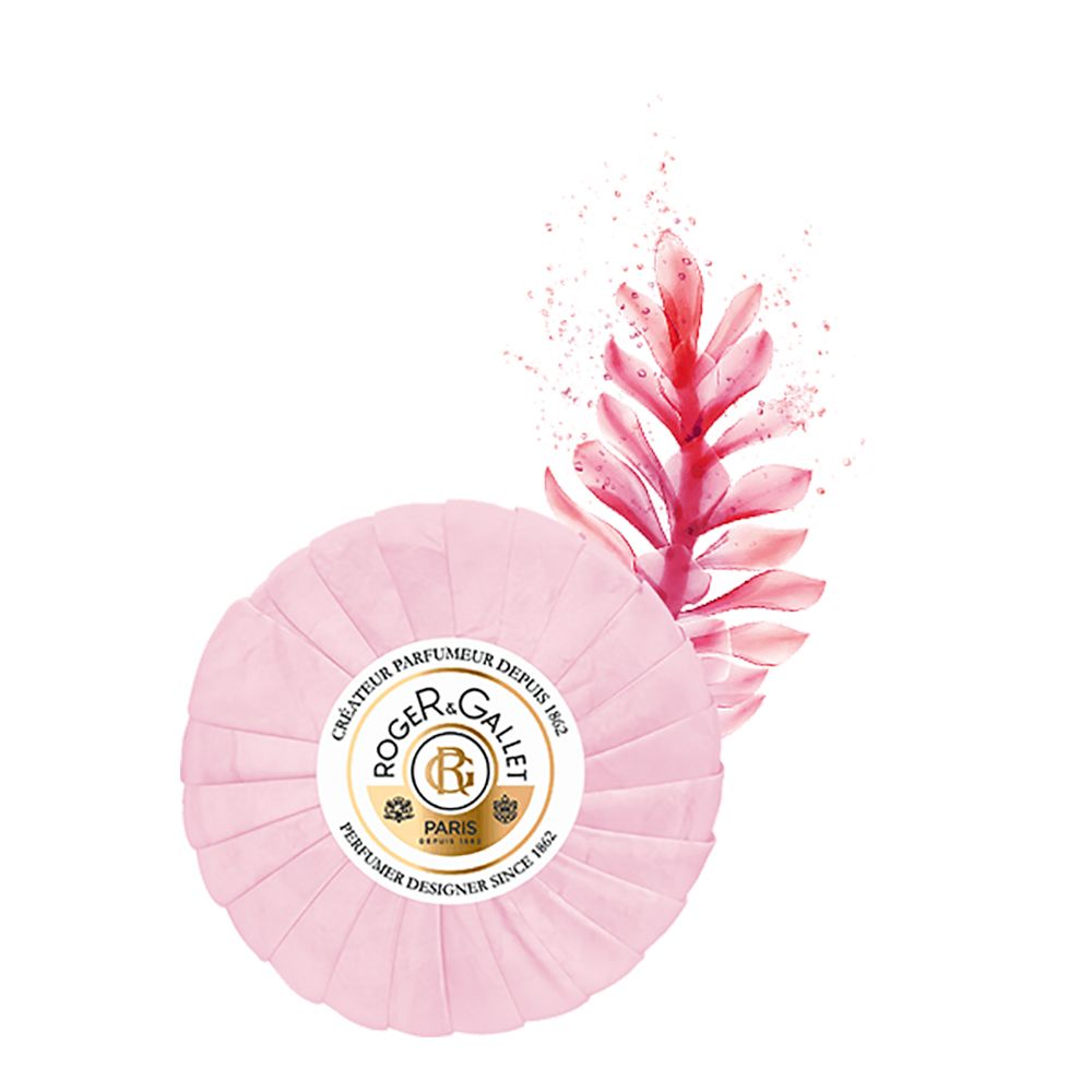 Savon rond rose avec emballage papier et illustration florale. Logo: Roger & Gallet, Paris. Texte: Parfumeur Designer since 1862.