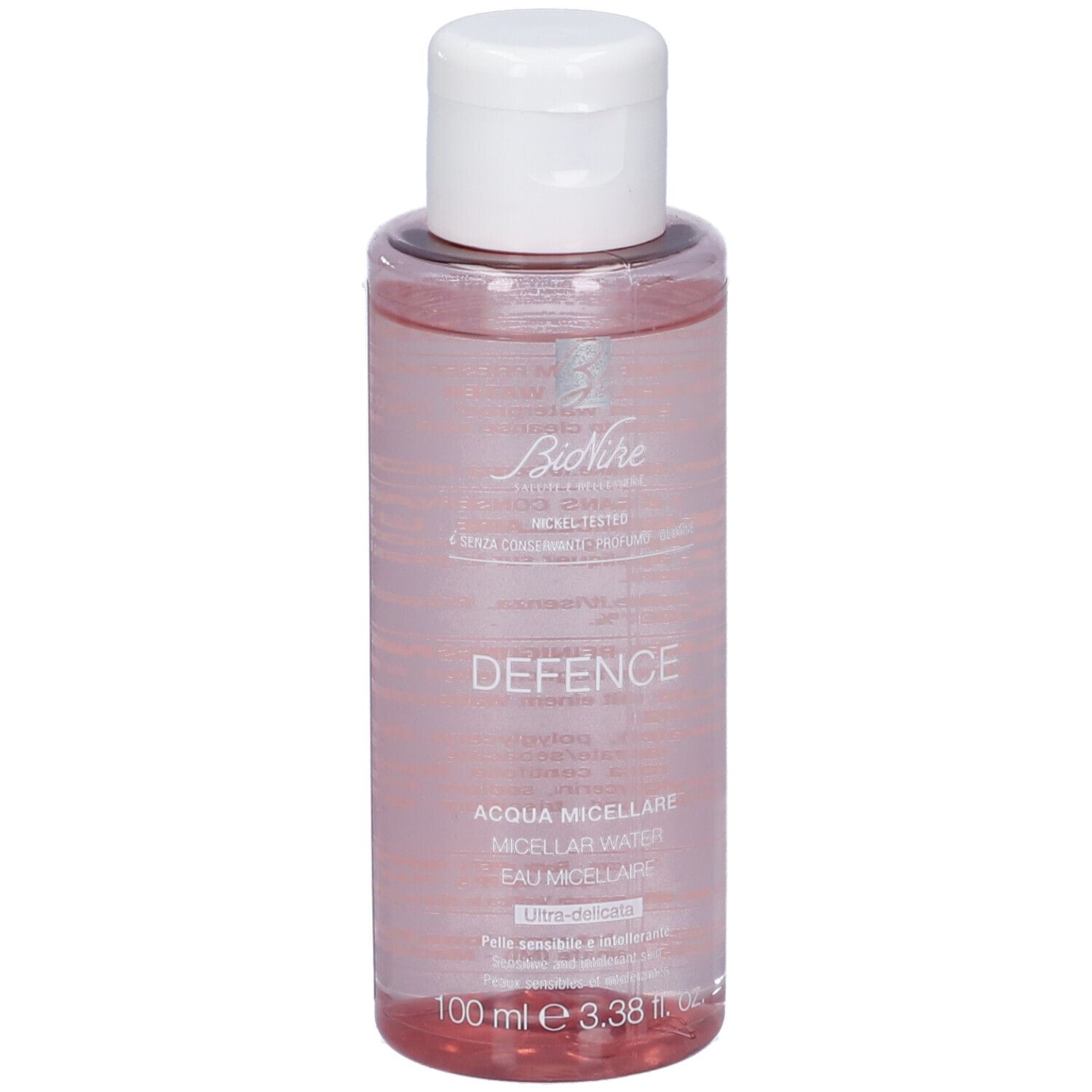 Flacon transparent avec bouchon blanc. Inscriptions: DEFENCE, ACQUA MICELLARE, MICELLES WATER, EAU MICELLAIRE. 100 ml.