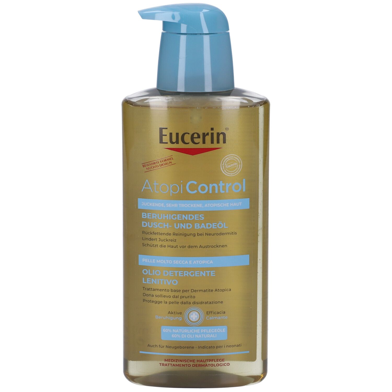 Eucerin AtopiControl Dusch- und Badeöl. Flasche mit blauem Pumpkopf. Text.