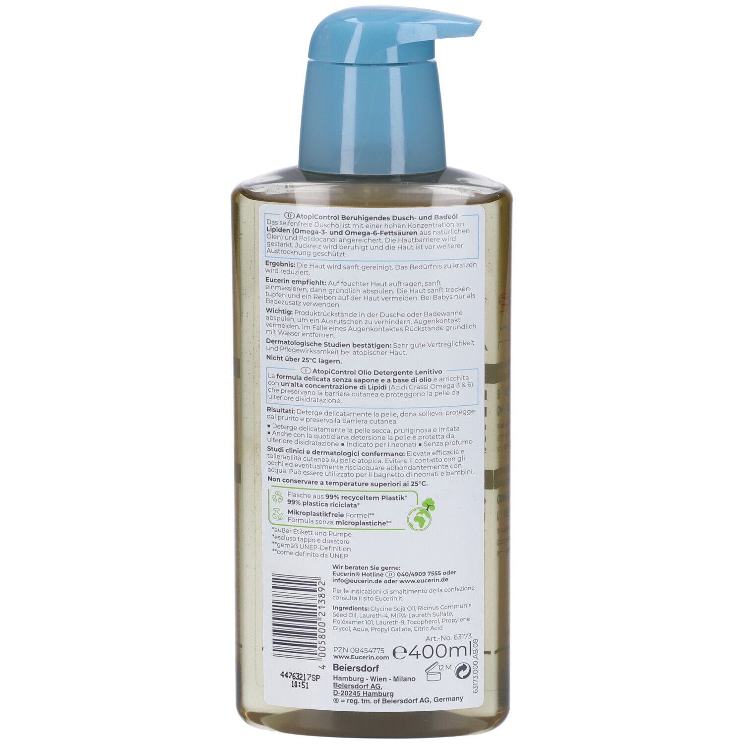 Rückseite der Eucerin AtopiControl Flasche. Text und Informationen.