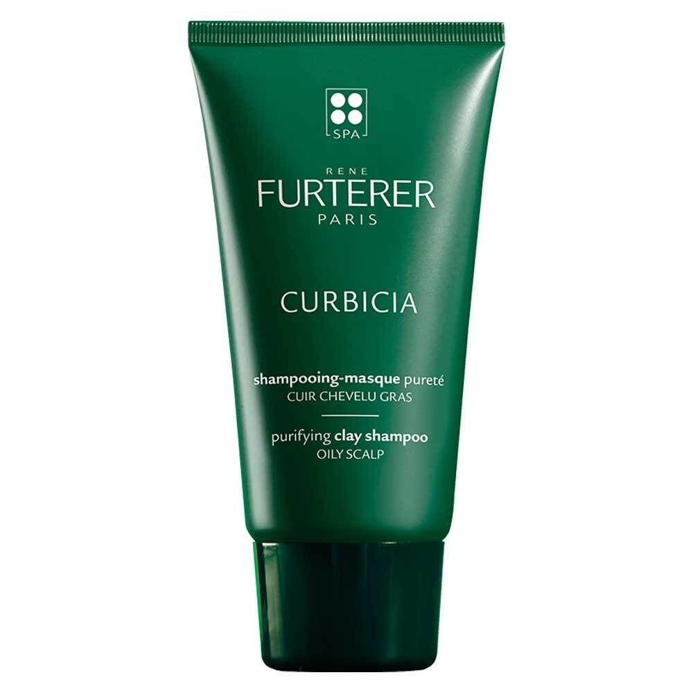 Tube vert avec texte blanc. Inscription "RENE FURTERER PARIS CURBICIA". Texte : "shampooing-masque pureté". Pour cuir chevelu gras.