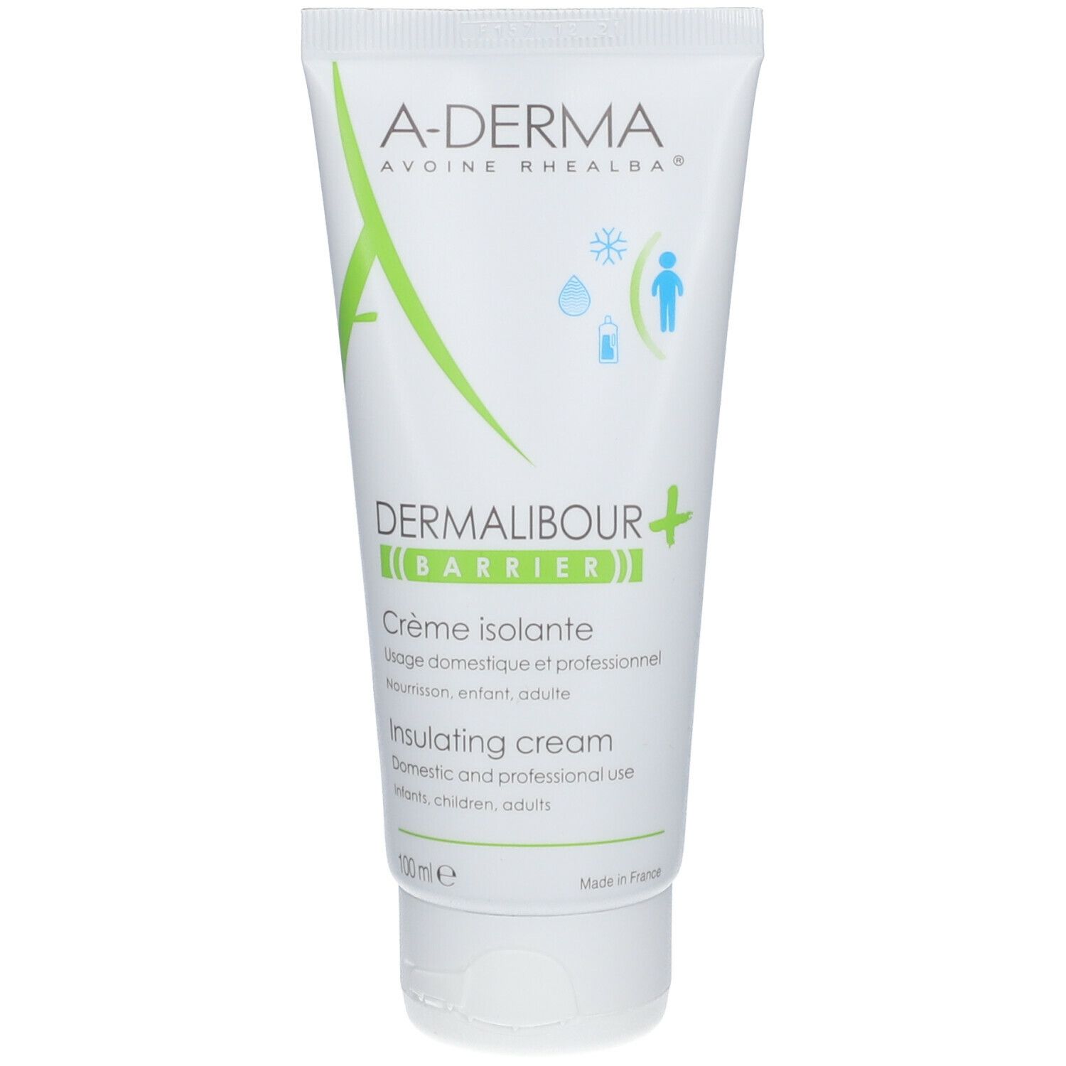 Tube blanc avec graphiques verts et bleus. Inscription: A-DERMA, DERMALIBOUR+ BARRIER, Crème isolante, Insulating cream.