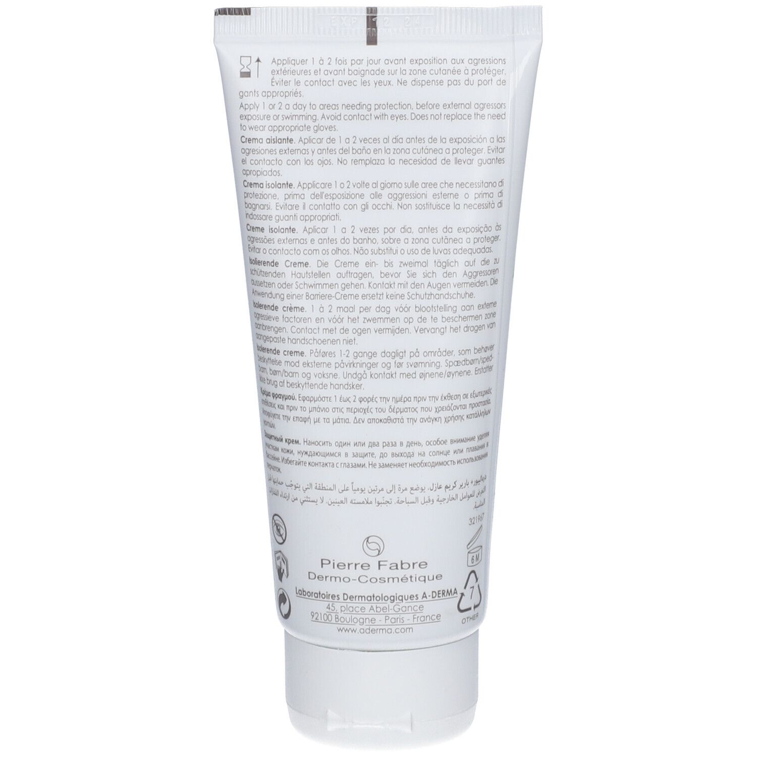 Dos d'un tube blanc. Texte en plusieurs langues. Fabricant: Pierre Fabre Dermo-Cosmétique.