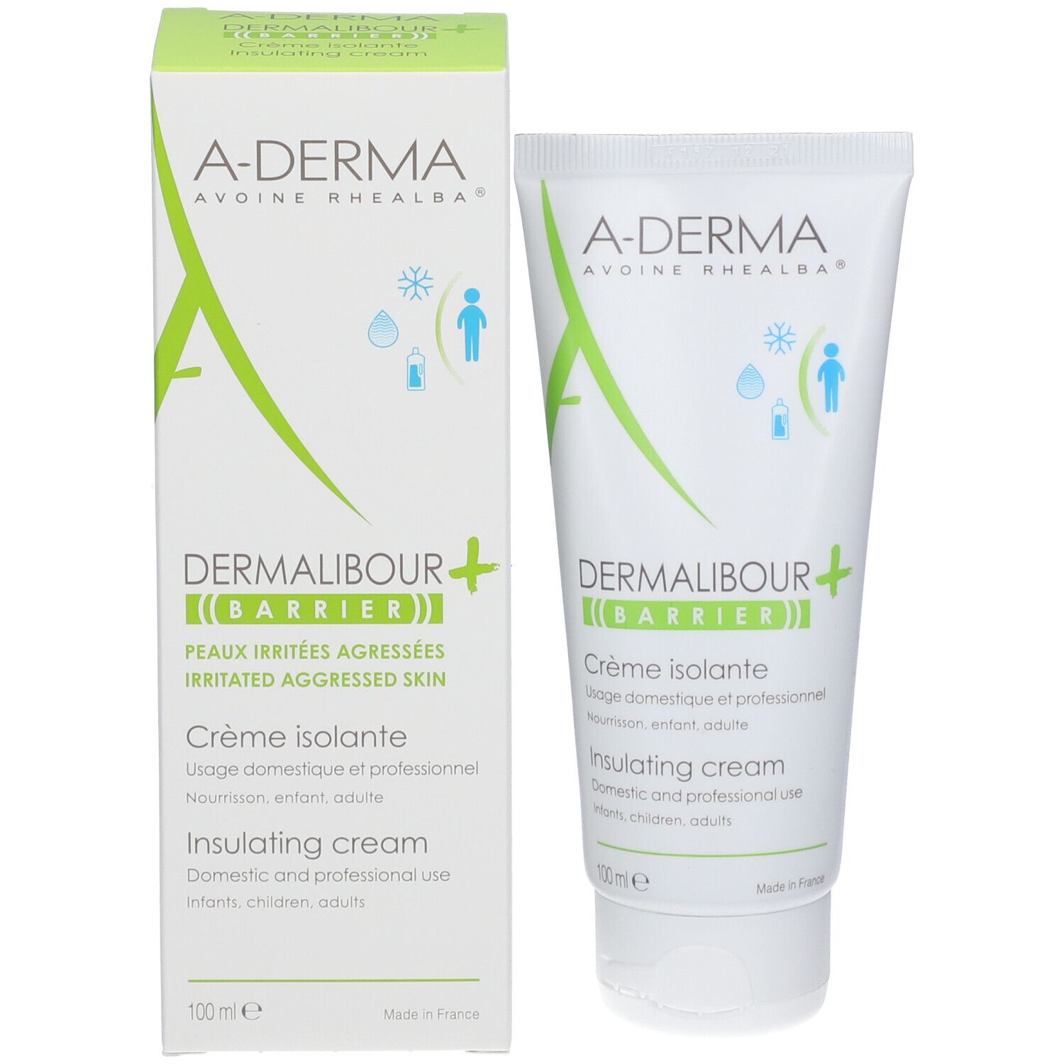 Emballage du produit avec tube et boîte. Inscription: A-DERMA, DERMALIBOUR+ BARRIER, Crème isolante, Insulating cream.