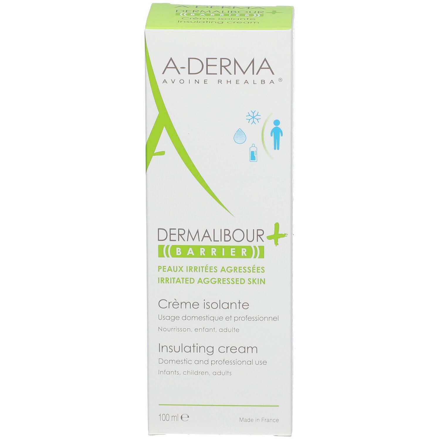 Emballage en carton avec design vert et blanc. Inscription: A-DERMA, DERMALIBOUR+ BARRIER, Crème isolante, Insulating cream.